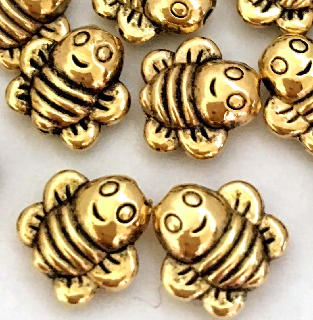 20 Antique Gold Pewter Honey Bee Happy Face Beads 8mm