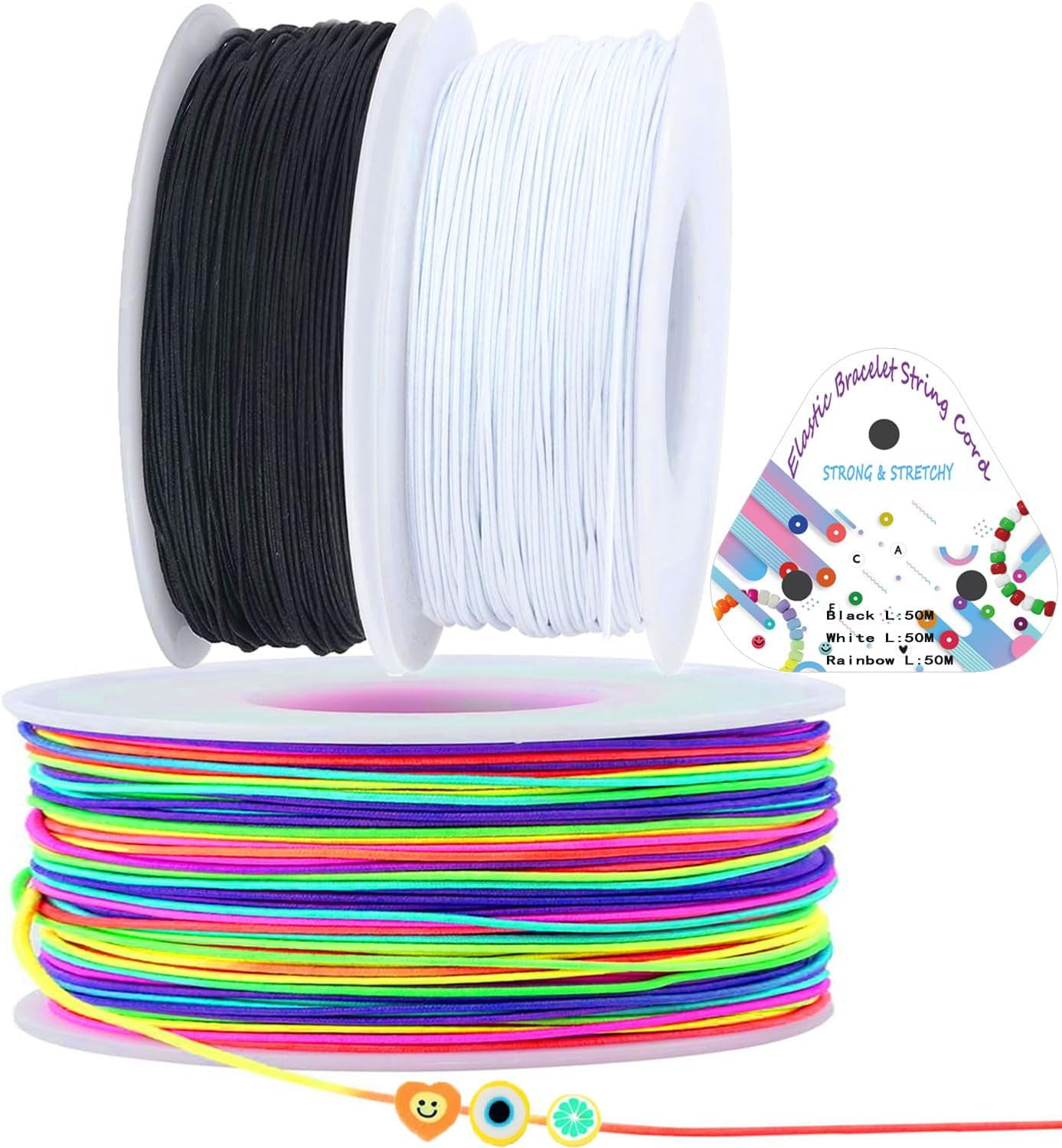 3 Rolls 1.0 Mm 495 Feet Rainbow/White/Black Elastic Bracelet Stretchy String Cor