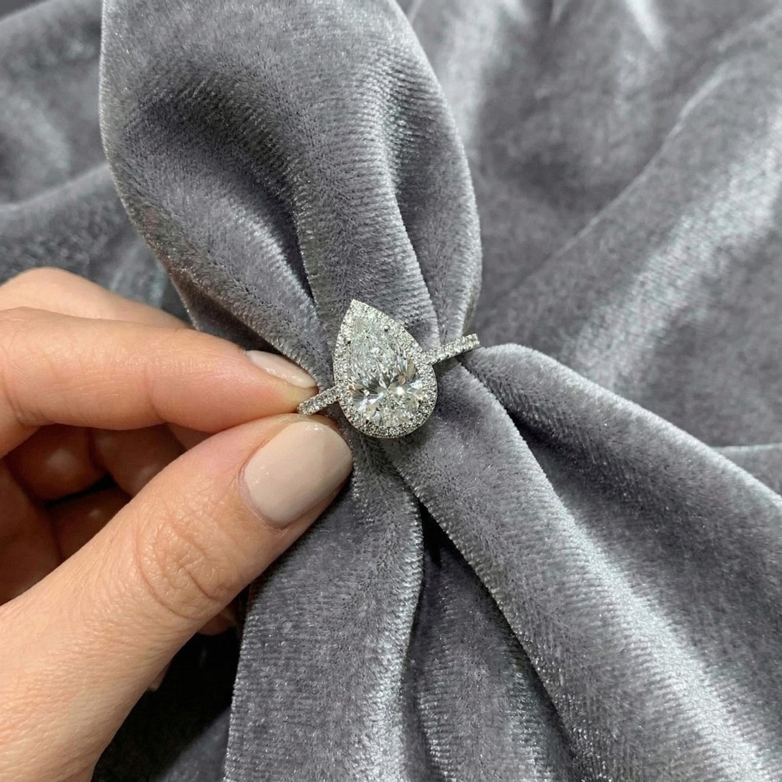 Pear Cut Moissanite Engagement Ring in Pure Silver, Halo Diamond Ring, Teardrop