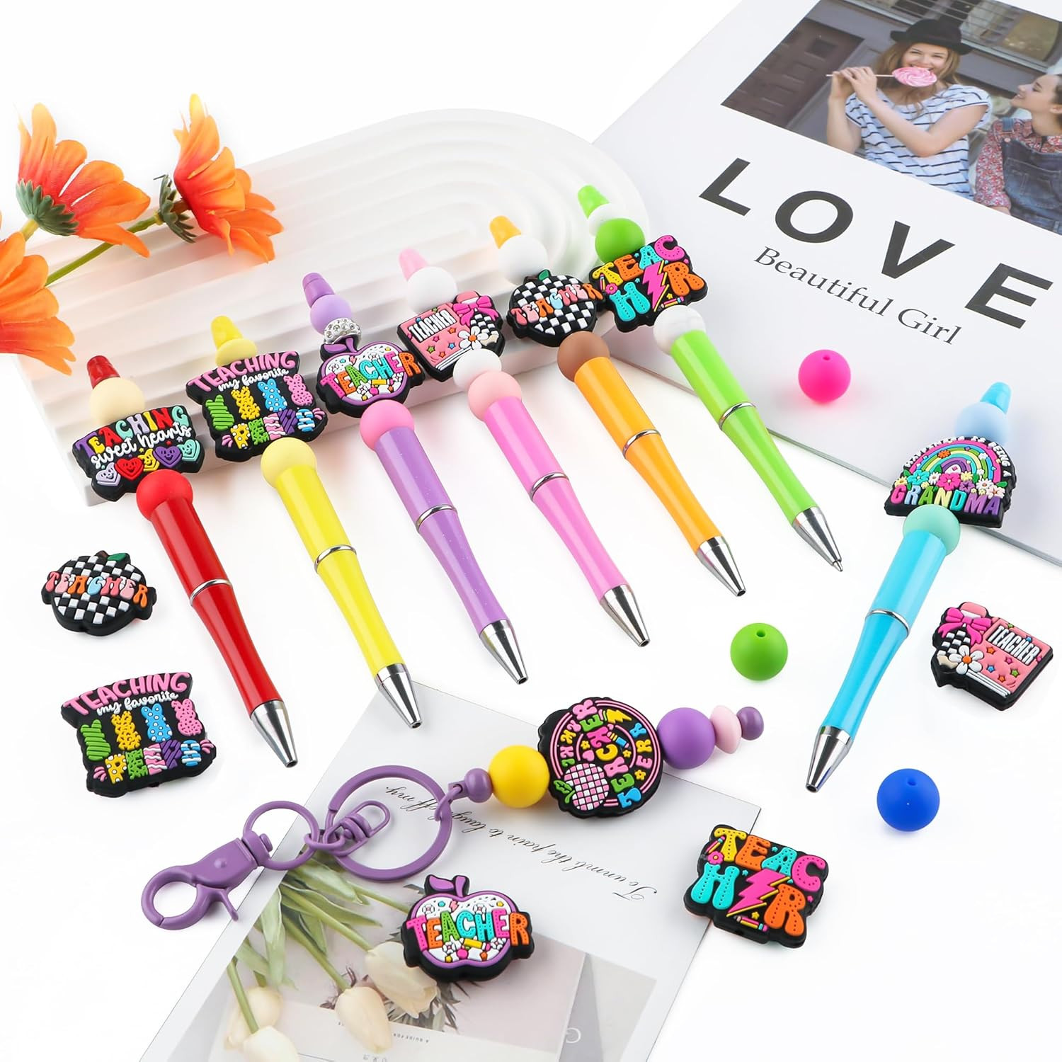 Lovymi 12PCS Teacher Silicone Focal Beads for Pens, Pink Pencil Teacher Silic…