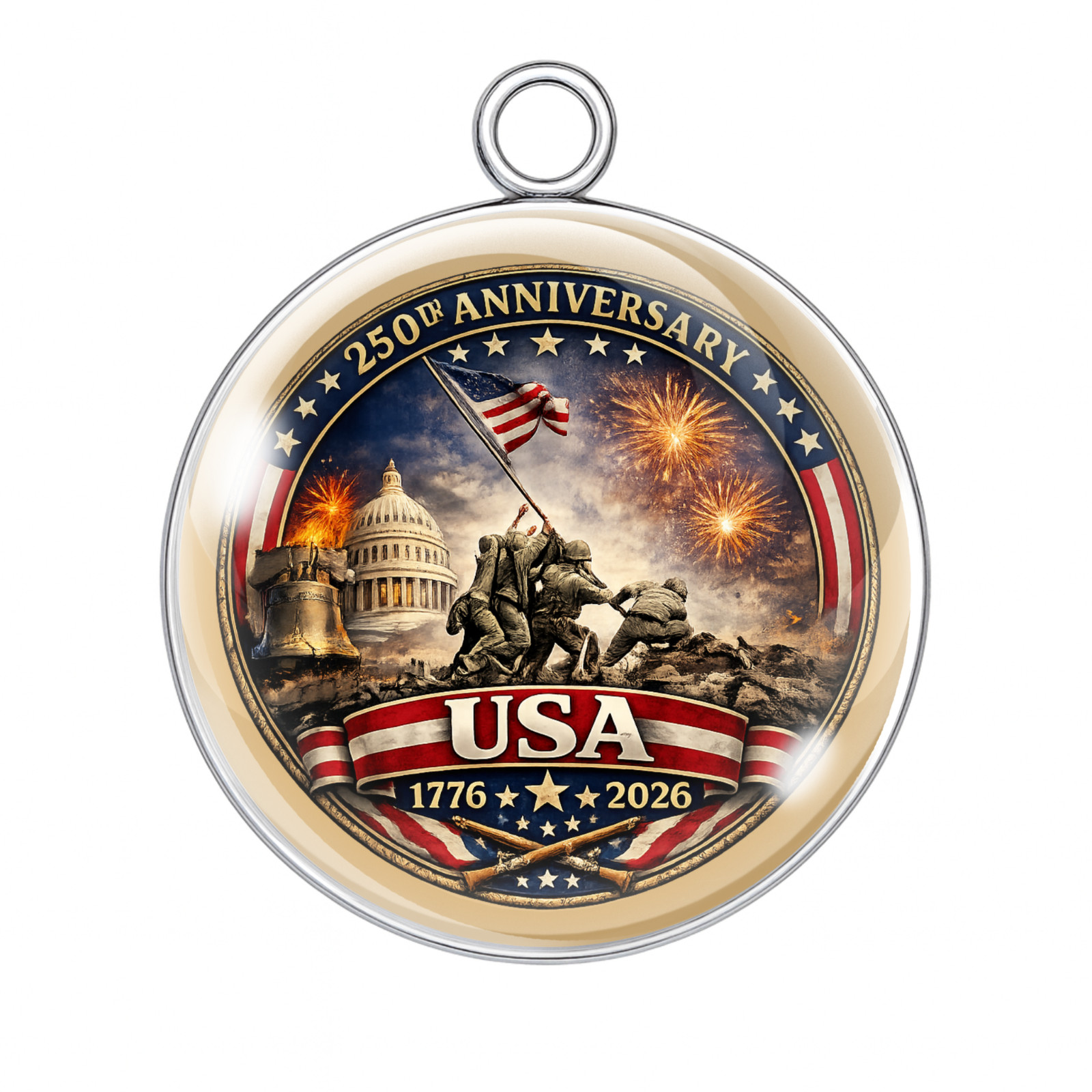 250 Years of Freedom Patriotic Charm | USA 1776–2026 Glass Cabochon | Veterans