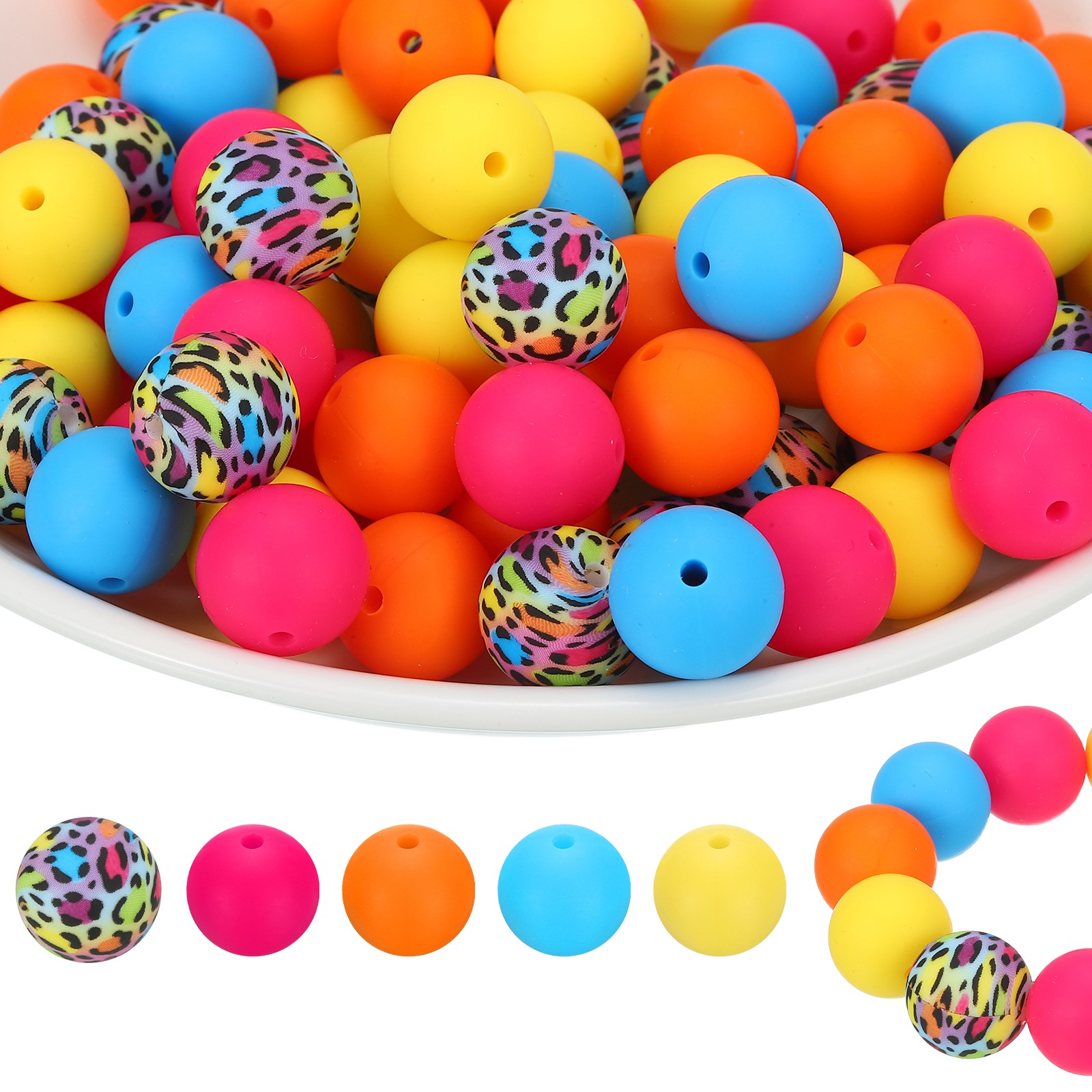 100 Pcs Silicone Beads Bulk, Multicolor 15mm Silicone Round Focal Loose Beads
