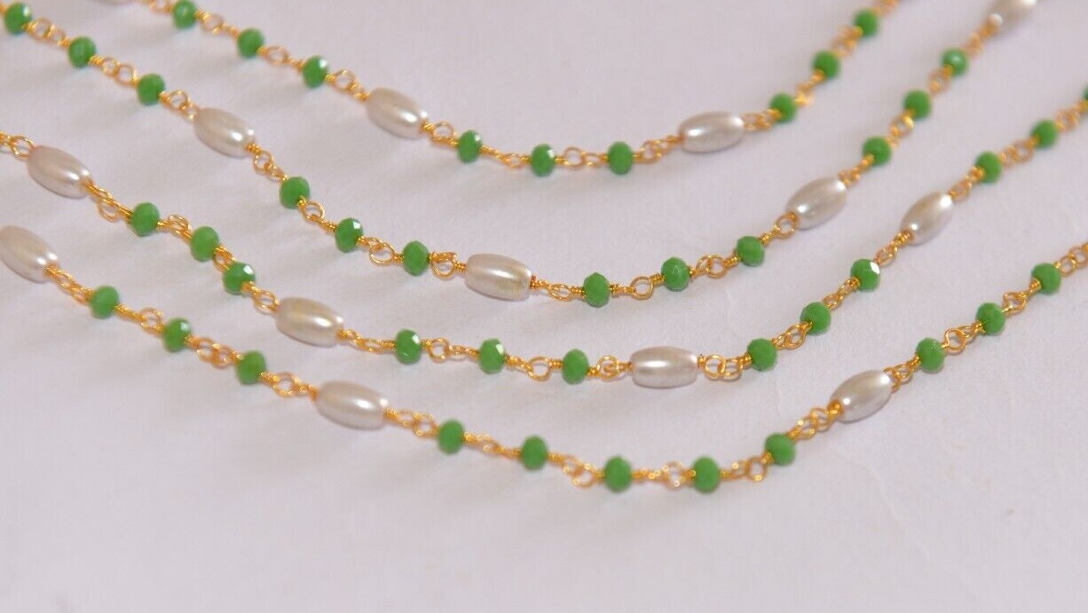 bulk beaded jewelry making rosary chain, 3mm green brads & rice pearl body chain