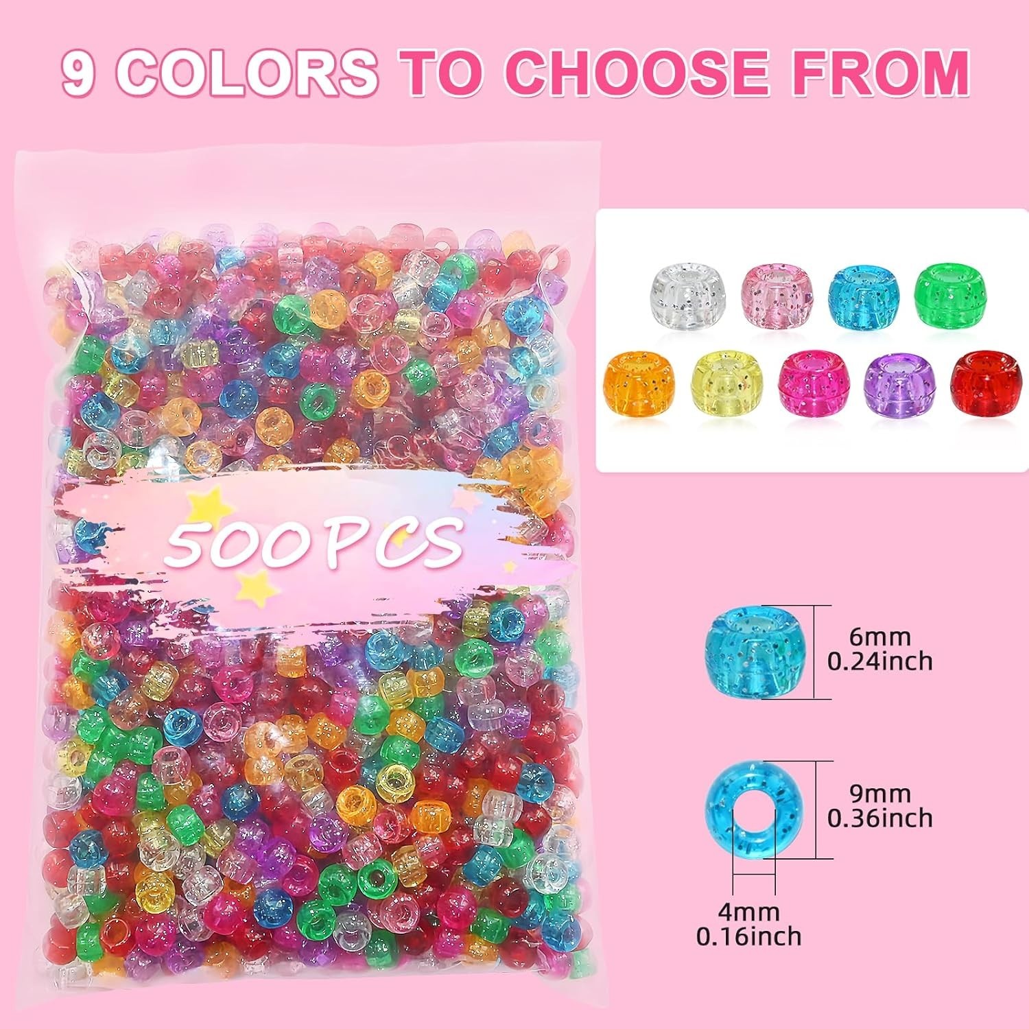 Glitter Pony Beads for DIY: 500 Count 6x9mm Acrylic Beads in Mixed Colors