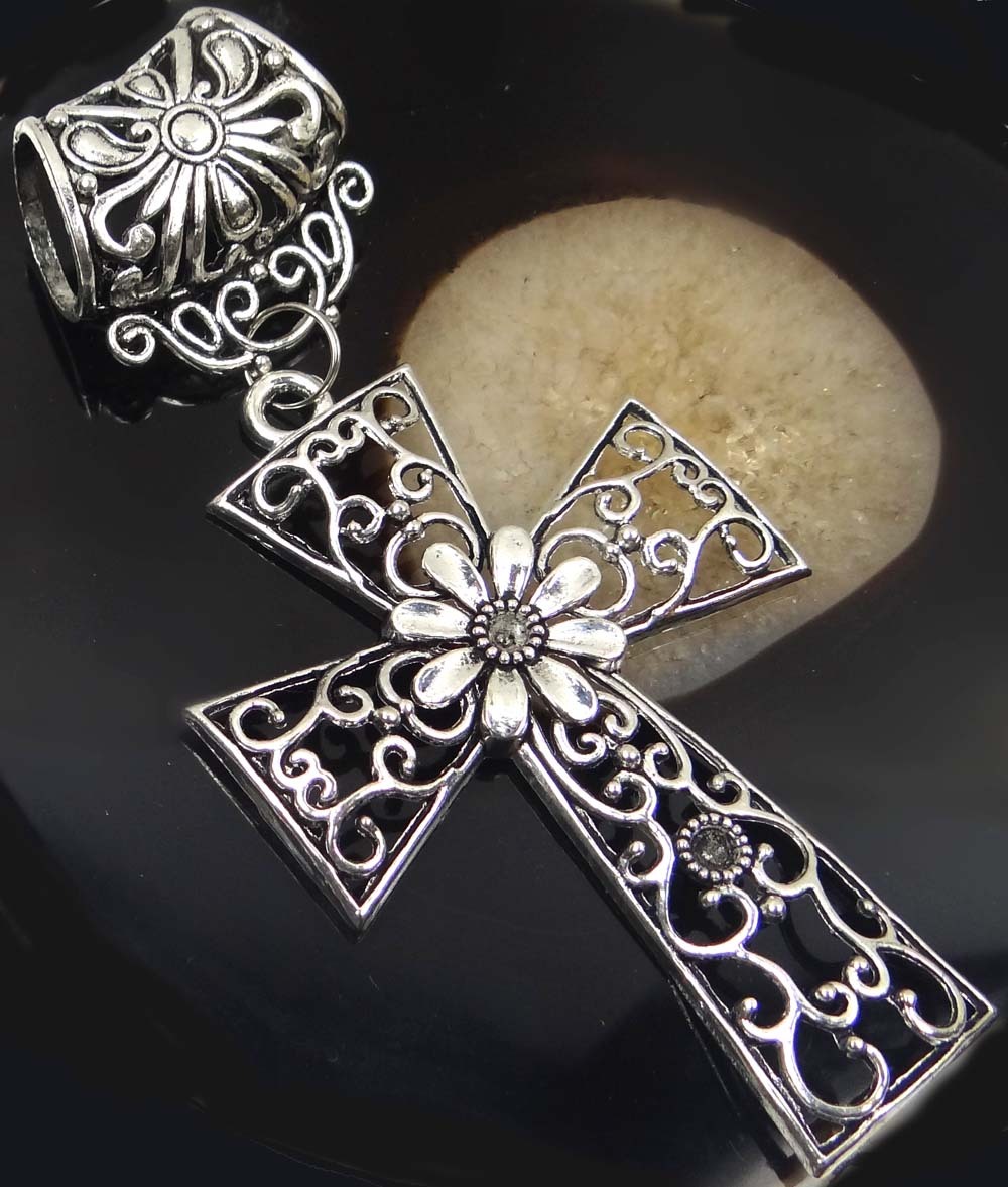Scarf Pendant Silver Pewter Filigree Cross Slide