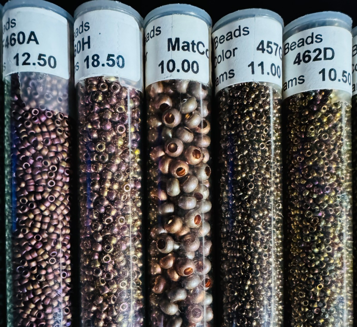 Glass Seed Bead Lot – 19 HQ Tubes – Iridescent Earth Tones – Different Sizes NOS