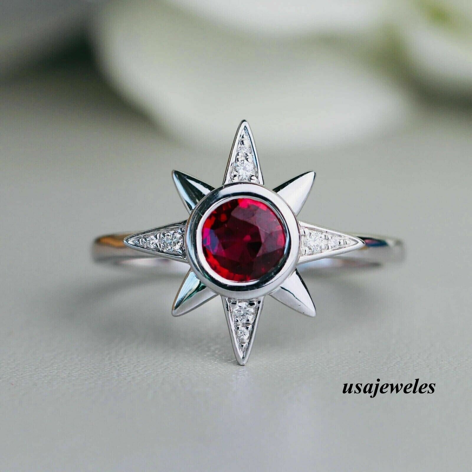 14K White Gold Finish 1.84CT Round Cut Genuine Real Ruby Star Shape Jewelry Ring