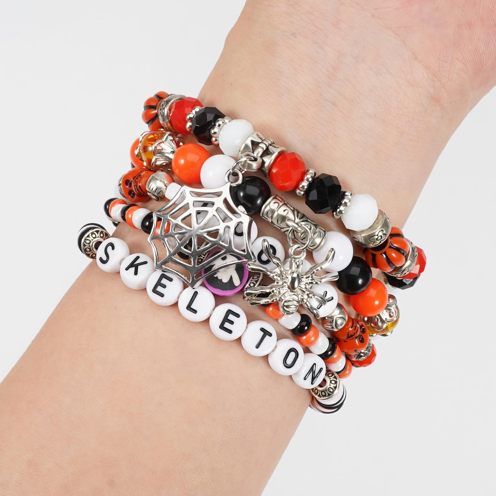 Halloween Spooky Bracelet Set Spider Web Skeleton Ghost Beaded Bracelet for Wome