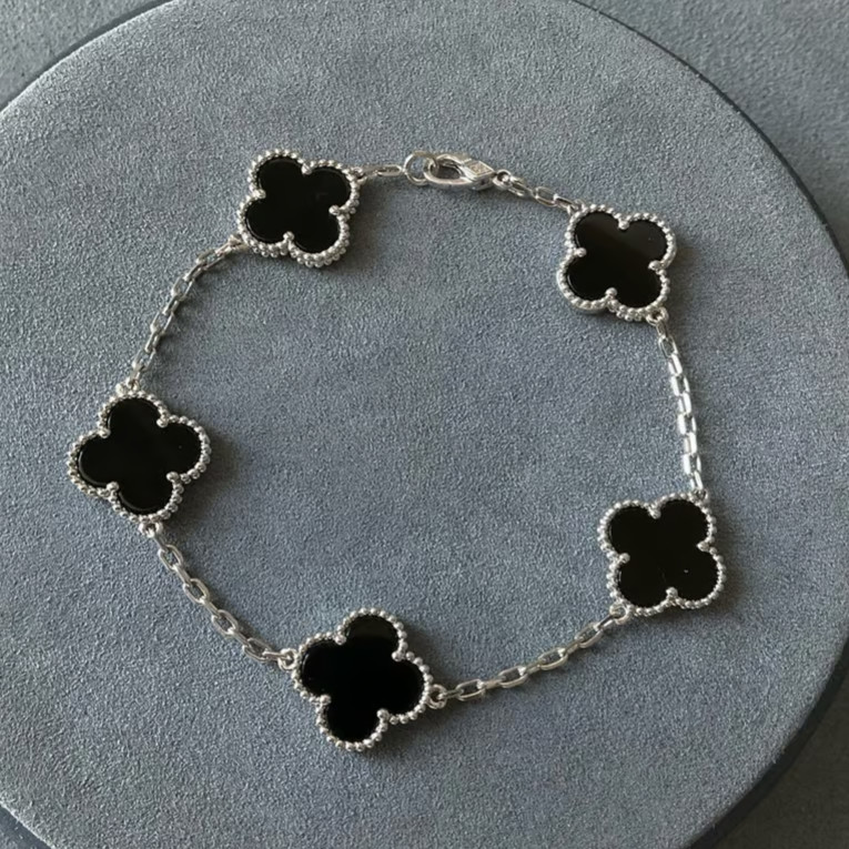 5 Flower Black bracelet 925 silver white gold plated 15mm Flower
