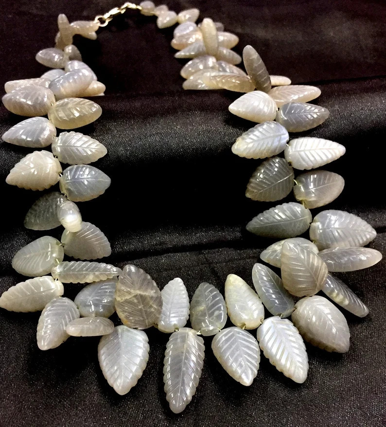 AAA+Very Rare Natural Grey Carving Leaf Moonstone Beads Fancy Rainbow Beads.