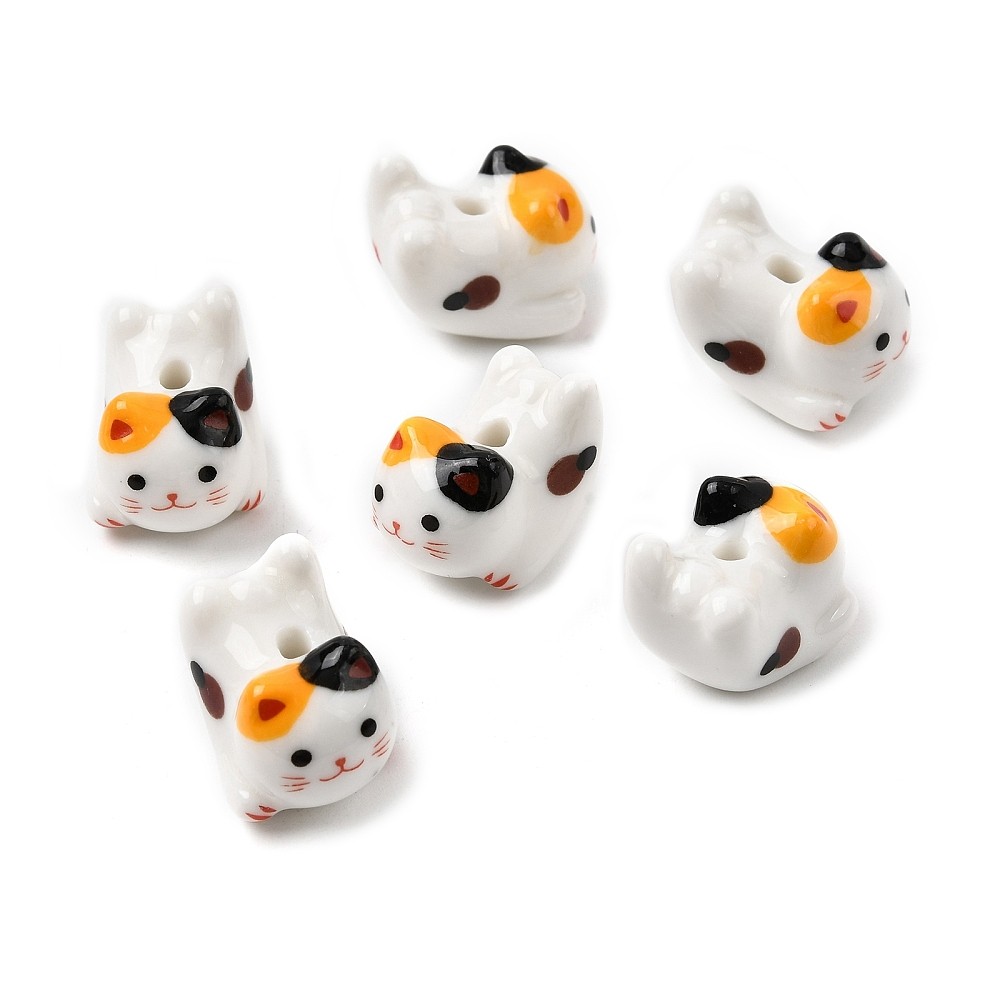 10pcs Porcelain Beads Handmade Cat Printed Animal Loose Focal Bead for Jewelry