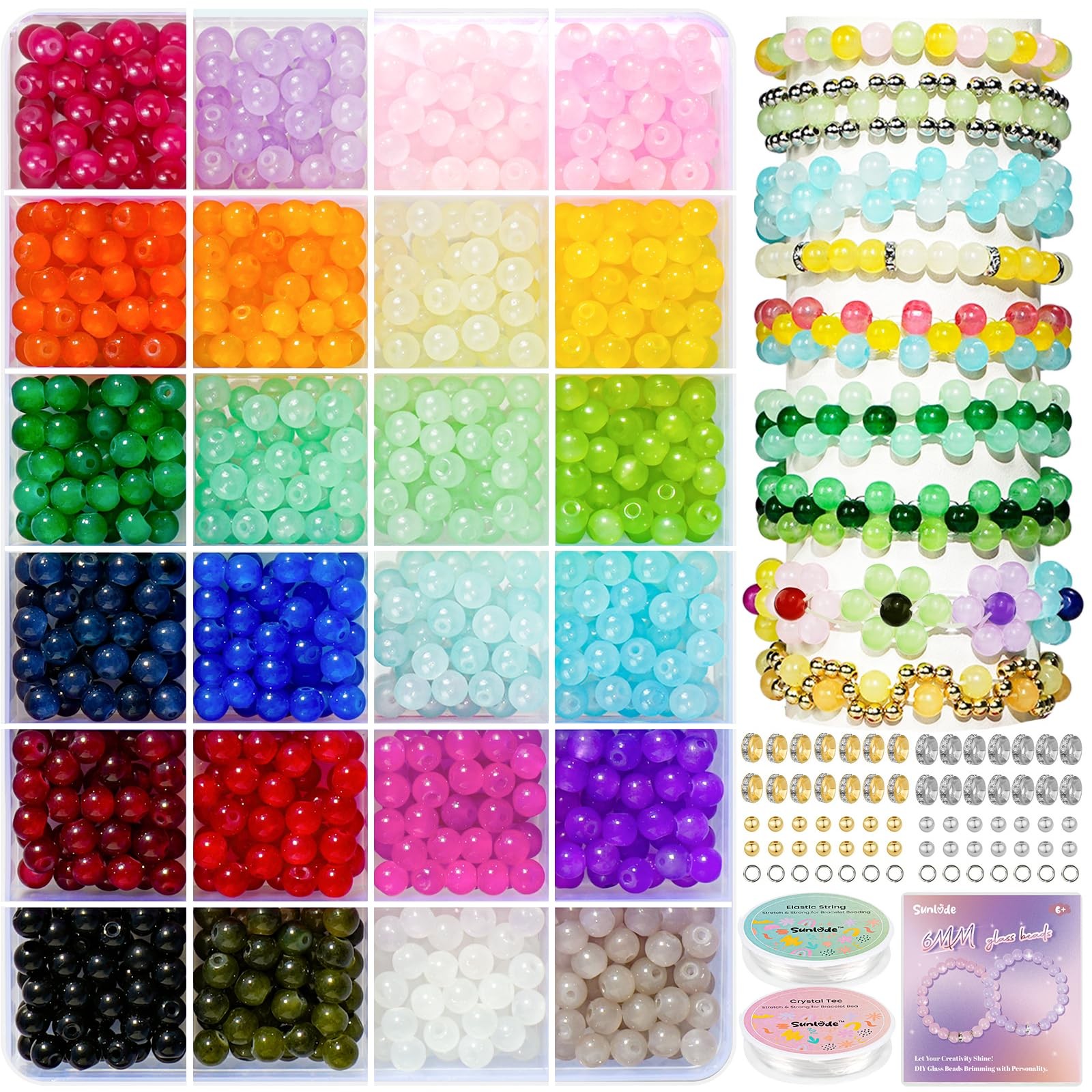 Sunlode Glass Beads for Bracelets 1400pcs Bracelet Making Kit 6mm, 24 Solids