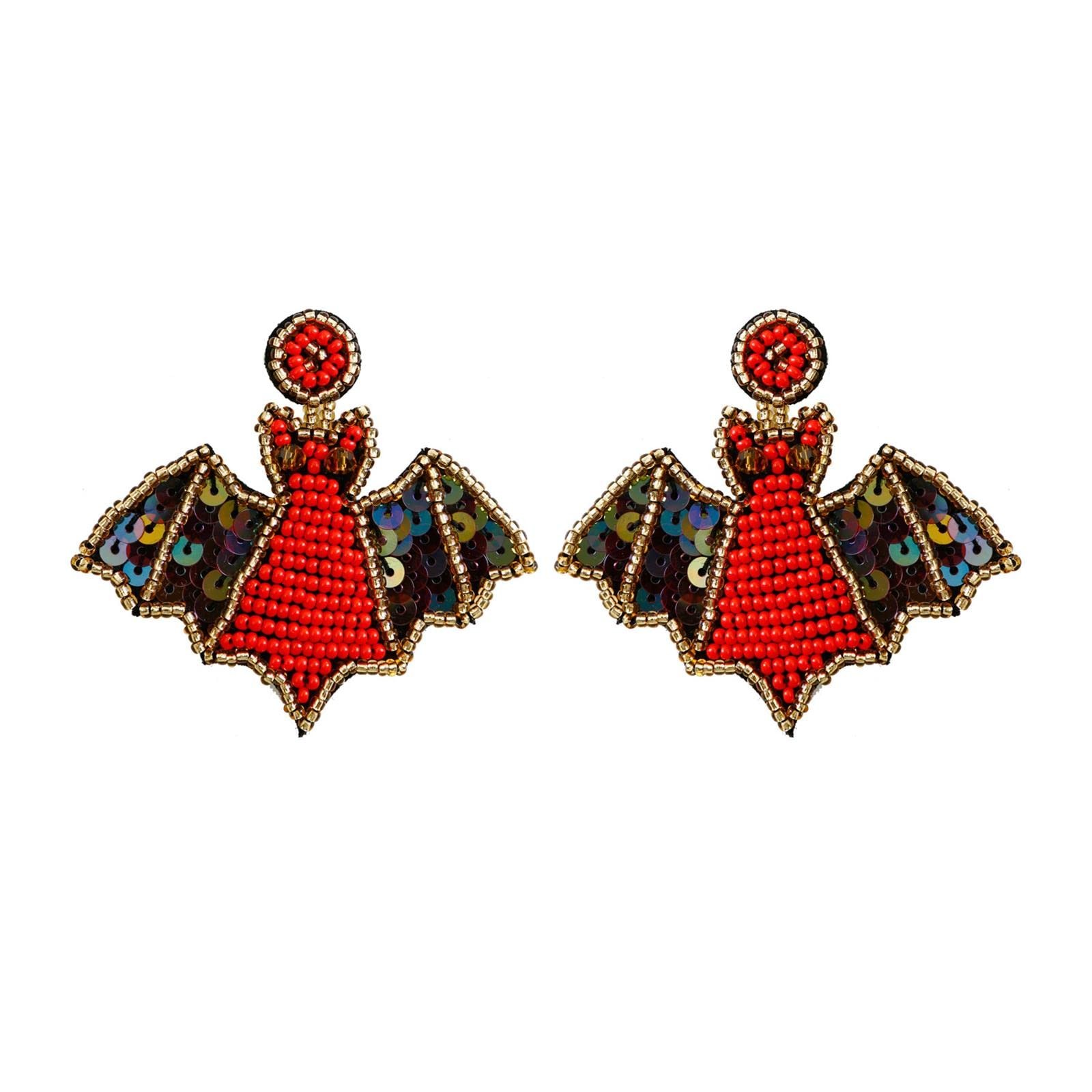 Halloween Pumpkin Spider Web BOO Ghost Bat Seed Beaded Dangle Earrings Hand – 03