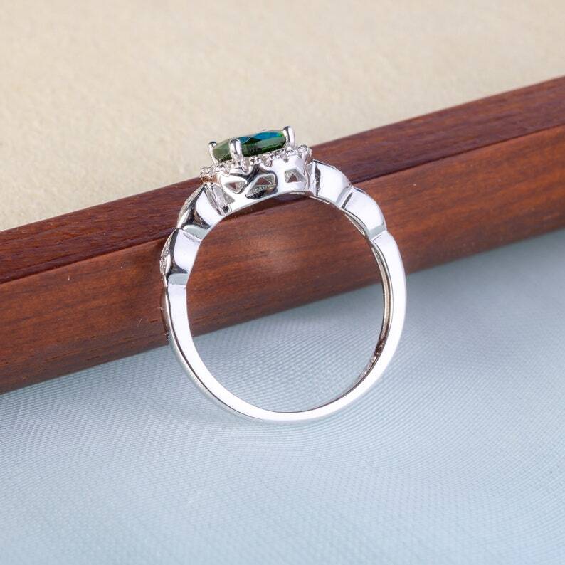 Vintage Chrome Diopside Gemstone 925 Sterling Silver Halo Engagement Ring