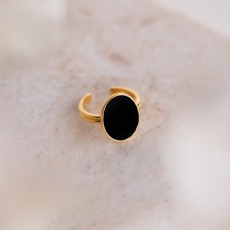 Gold Plated Black Onyx Oval Statement Ring Adjustable Minimalist Look Jewelry