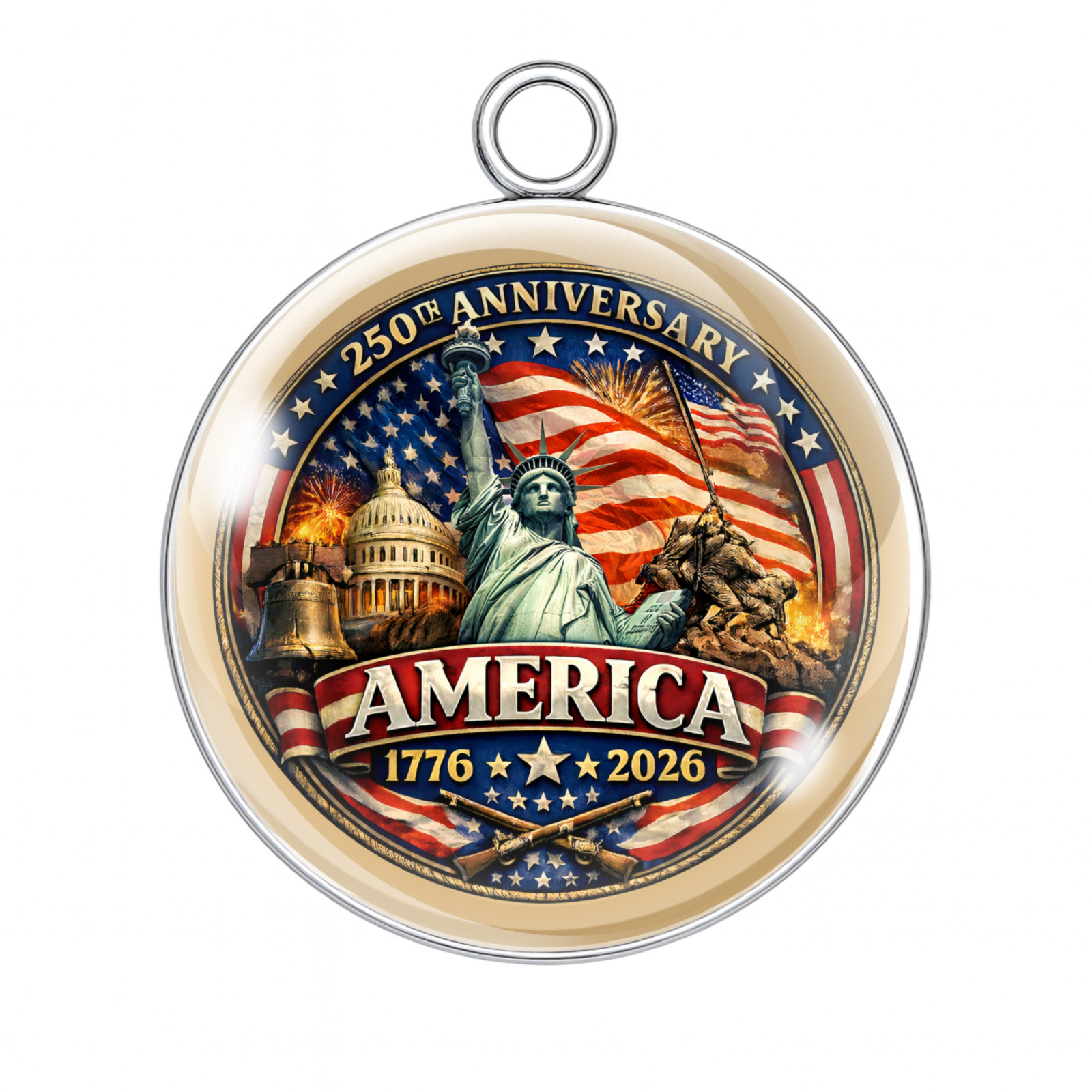 250 Years of Freedom Patriotic Charm | USA 1776–2026 Glass Cabochon | Veterans
