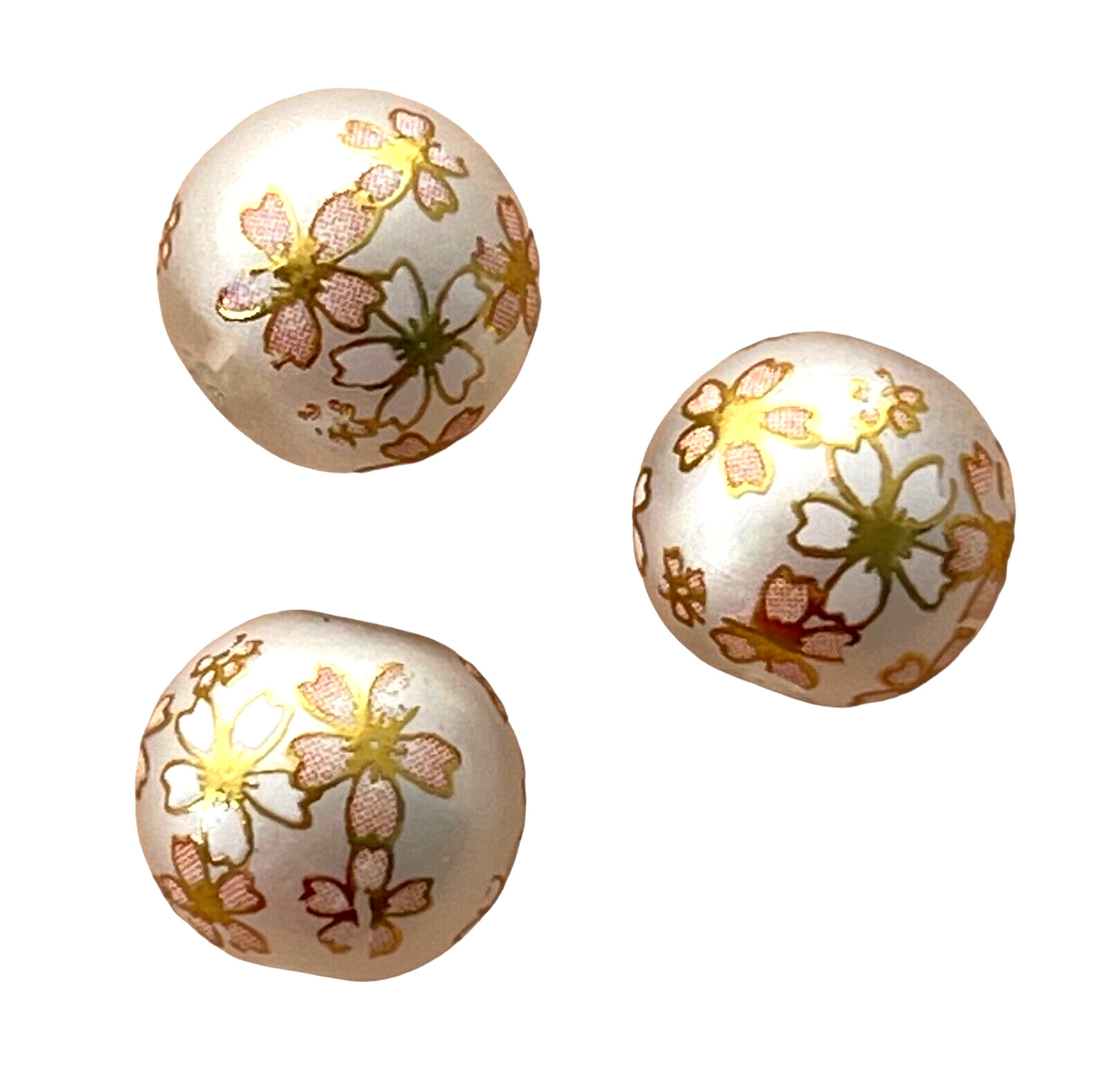 5 Japanese Tensha Glass White Pink Sakura Flower 12mm Round Bauble Ball Beads