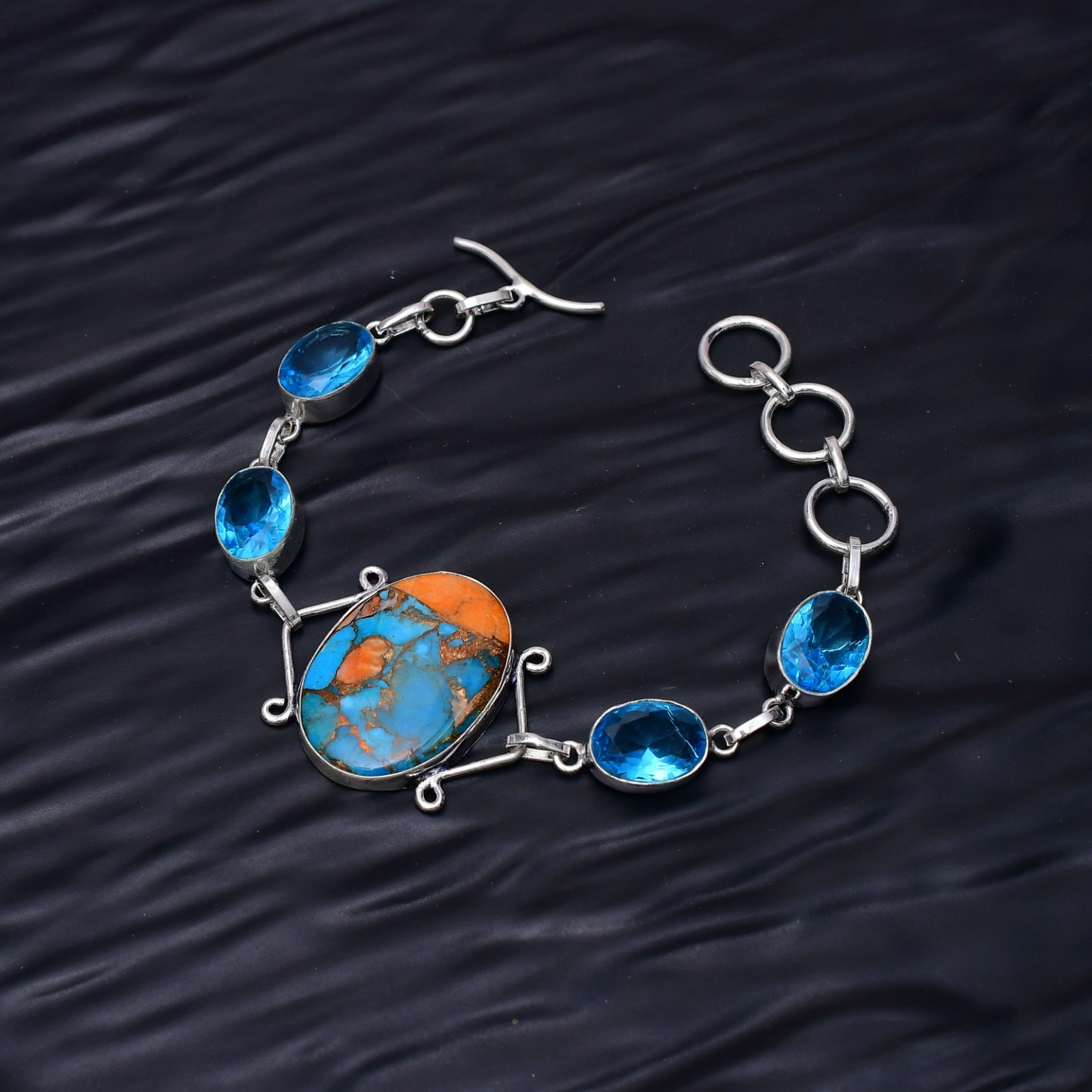 Spiny Oyster And Blue Topaz Gemstone : 925 sterling silver Handmade Bracelet