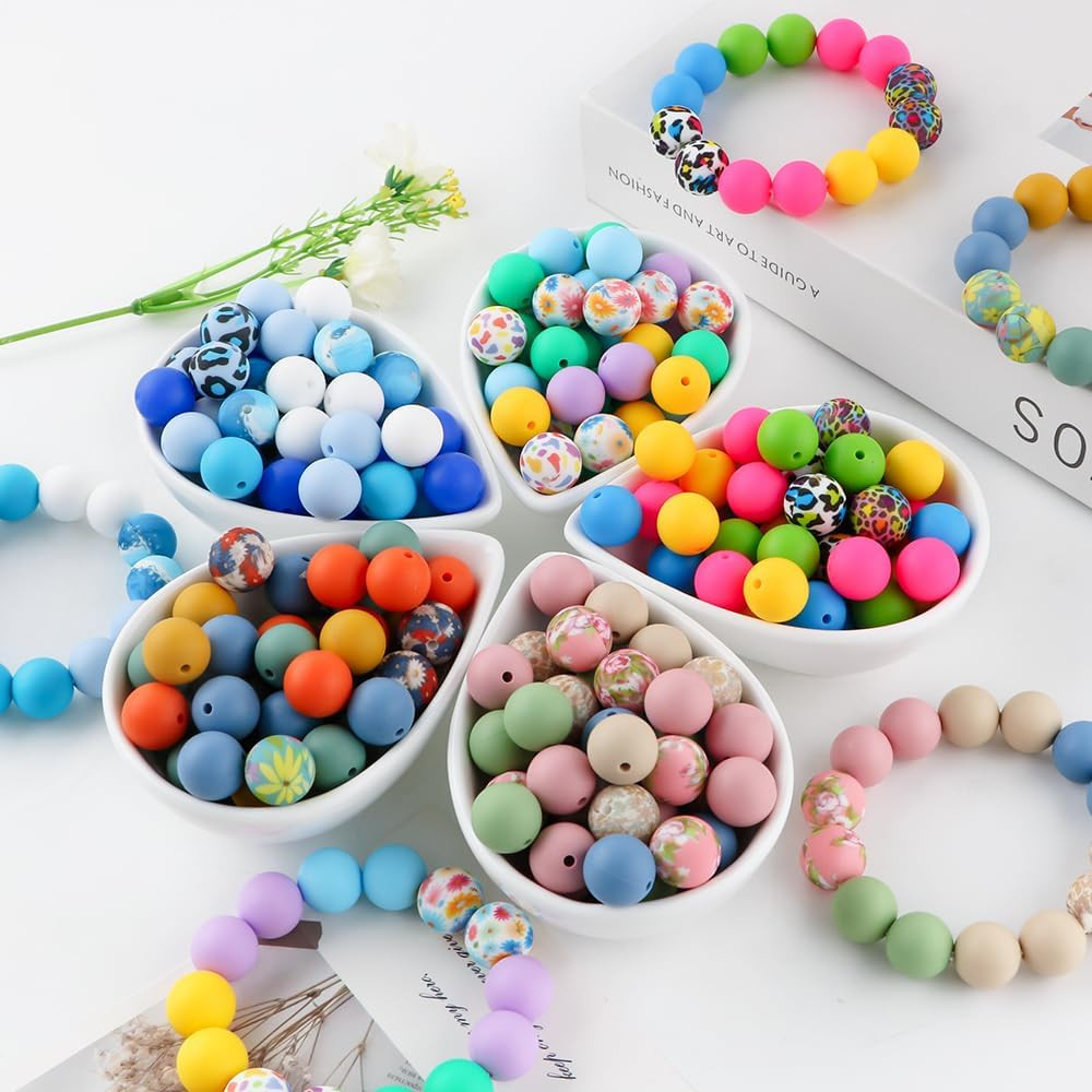 150Pcs Mixed Color 15mm Silicone Beads for Keychain Making, Blue Purple Flower P