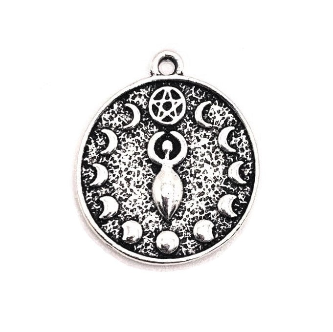 Antique Silver Goddess Pendant Charm with Moon Phases, 20x23mm – US Seller