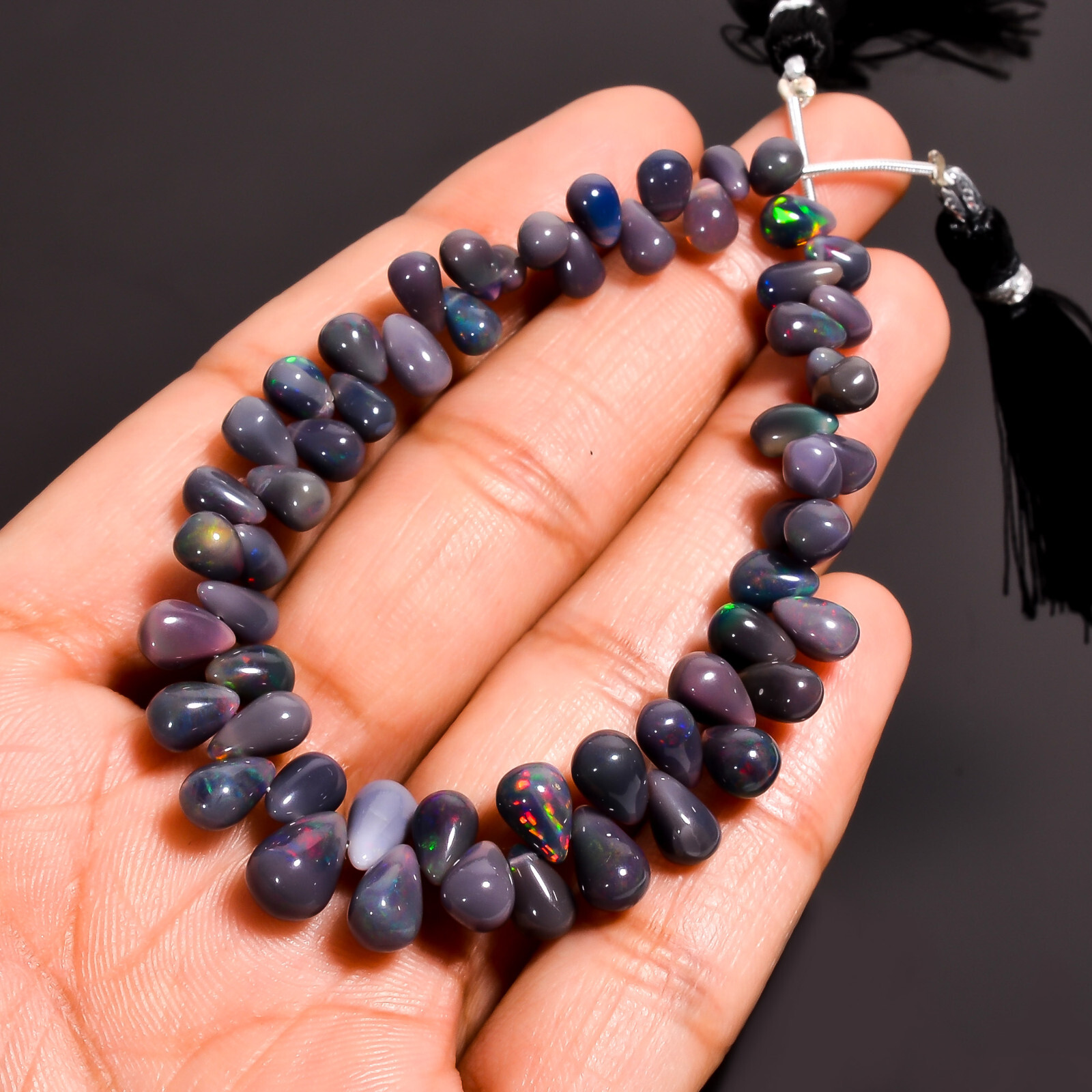 Black Opal Beads, Natural Black Ethiopian Opal Teardrop Beads, Opal Briolettes,
