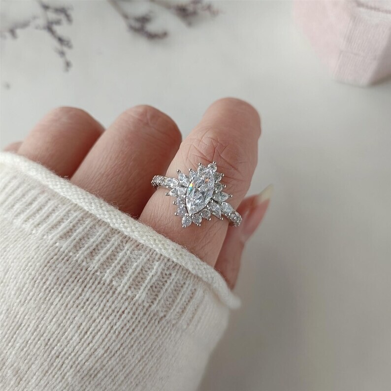 Marquise Cut Halo Engagement Ring – Vintage Style Moissanite Diamond Ring