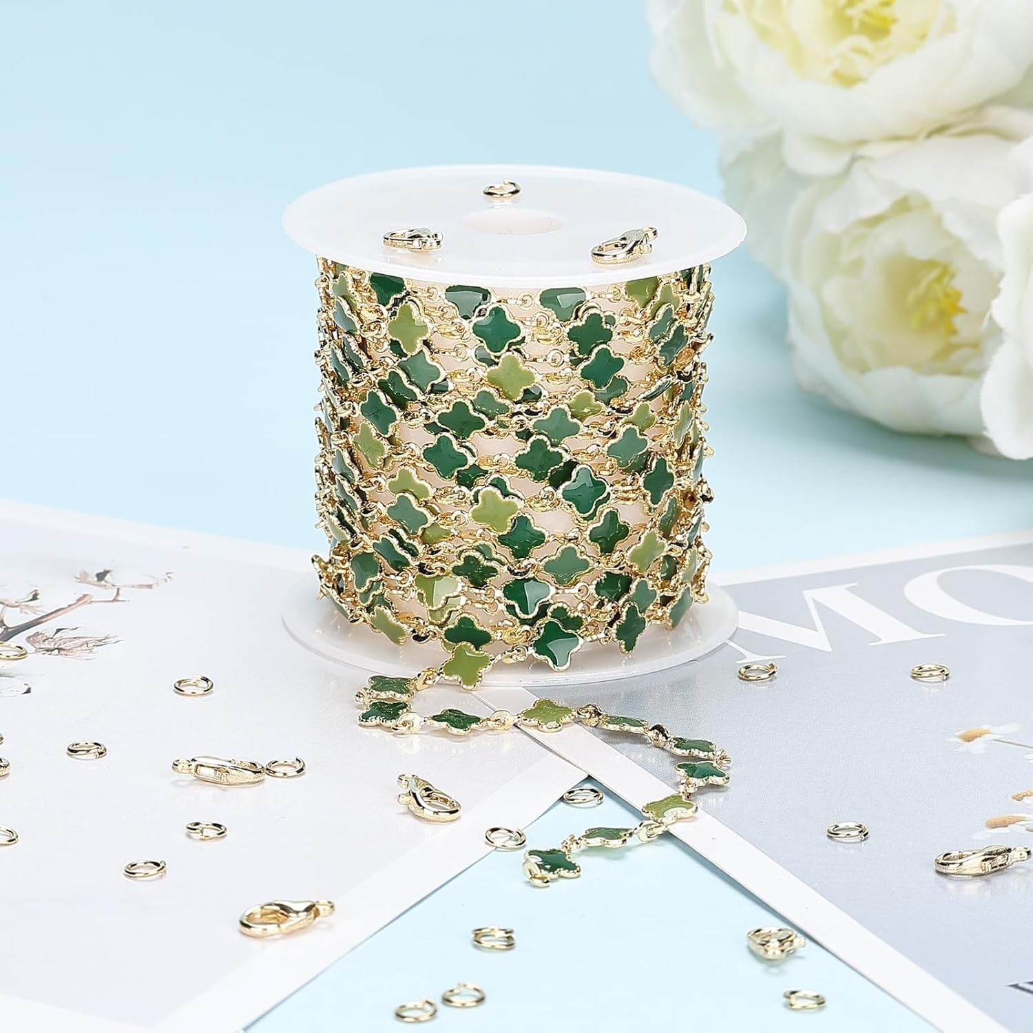3 Meters Enamel Chain for Jewelry Making Green Oil Drip Four Leaf Jewelry Chain