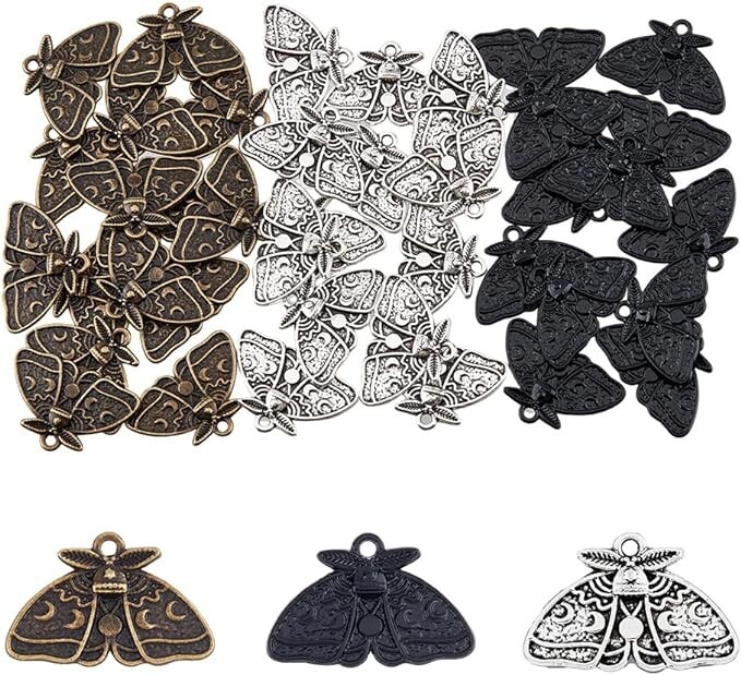 Moth Charms Moon Phase Antiqued Silver Bronze Black Gothic Flash Bulk 3pcs