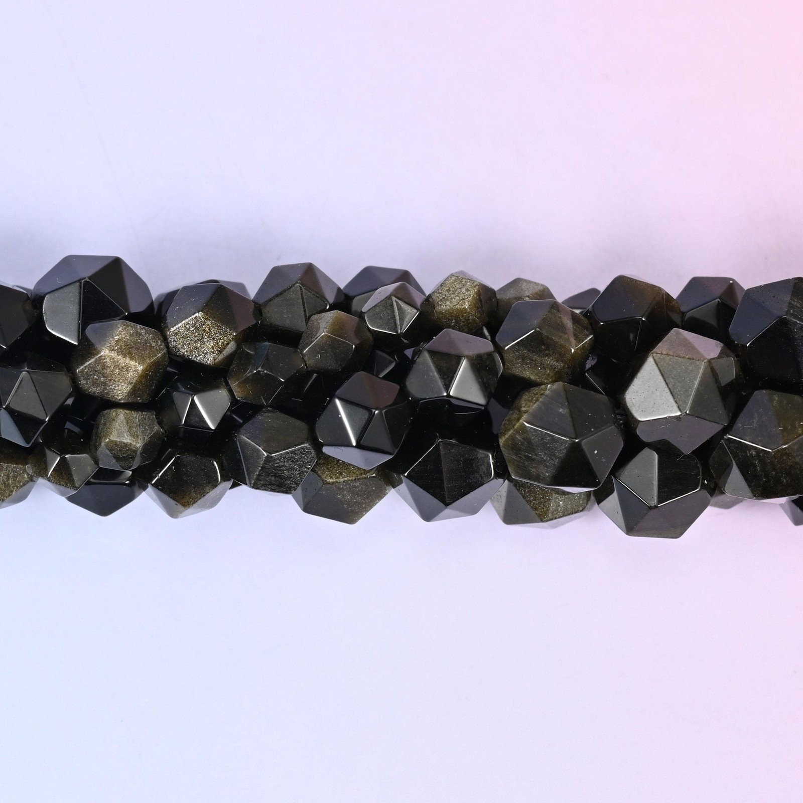 Gold Obsidian Beads: Faceted Diamond Star Cut, 6-10mm, 15.5 inch Strand