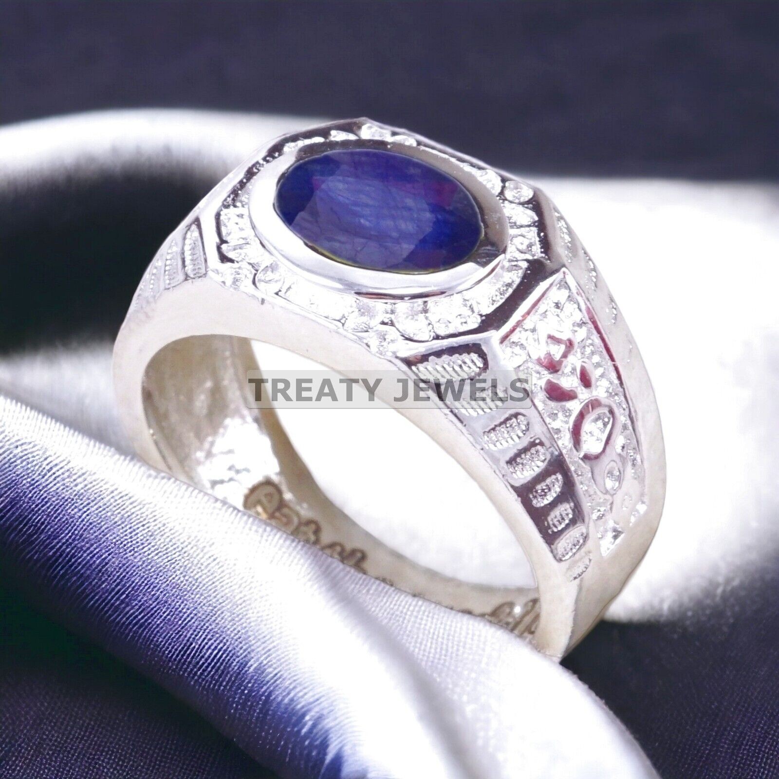 Blue Sapphire Oval Cut Gemstone With Solid 14K White Gold Ring For Men’s #A228 #