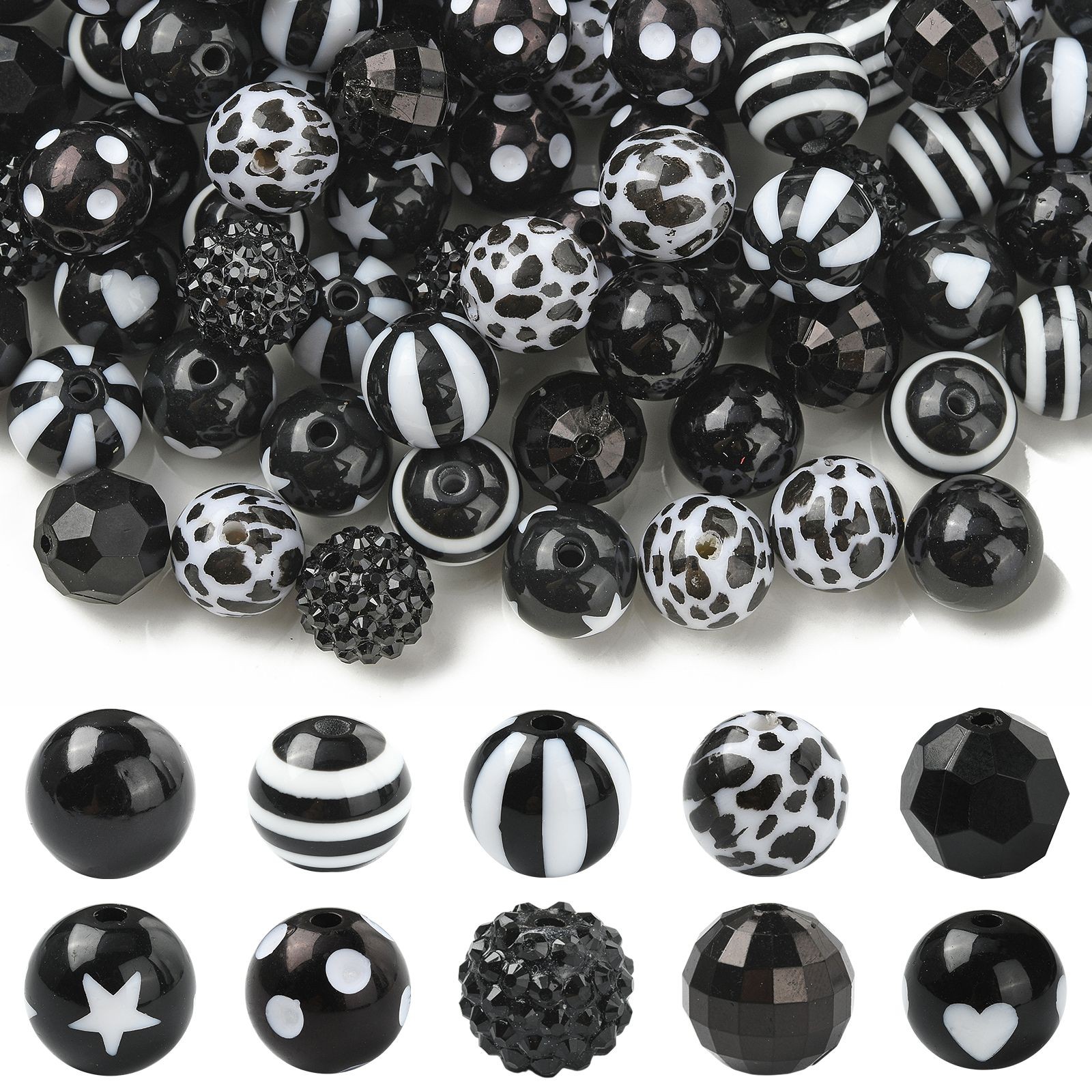 100Pcs Black Theme Opaque Acrylic Beads, 15-16mm Round Acrylic Beads for DIY