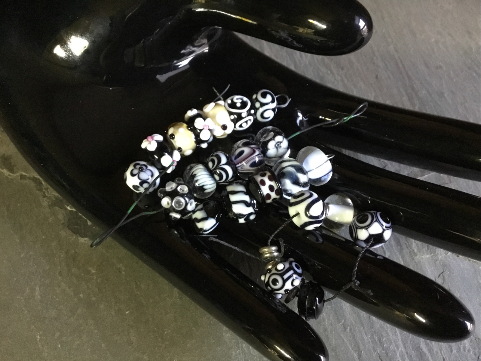 22 Lampwork glass Beads USA artisan made black white Blue Apx 10mm