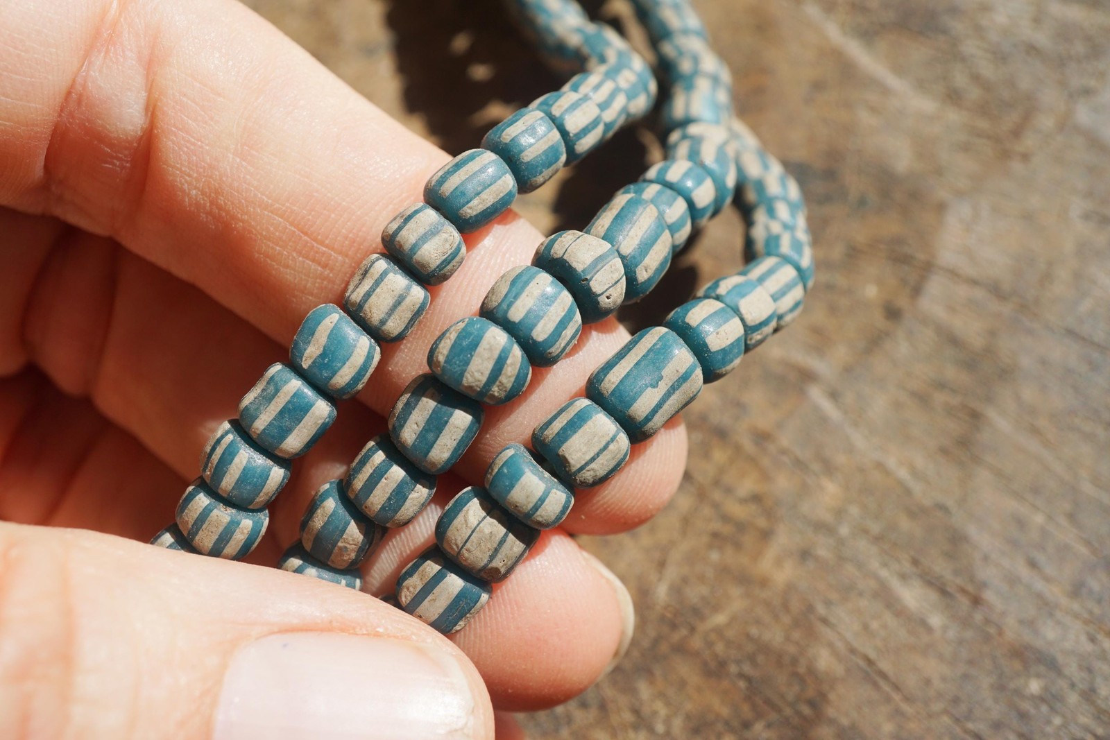 Artisan Made Java Glass Beads: Teal with White Stripes (5-6mm), 2897A378