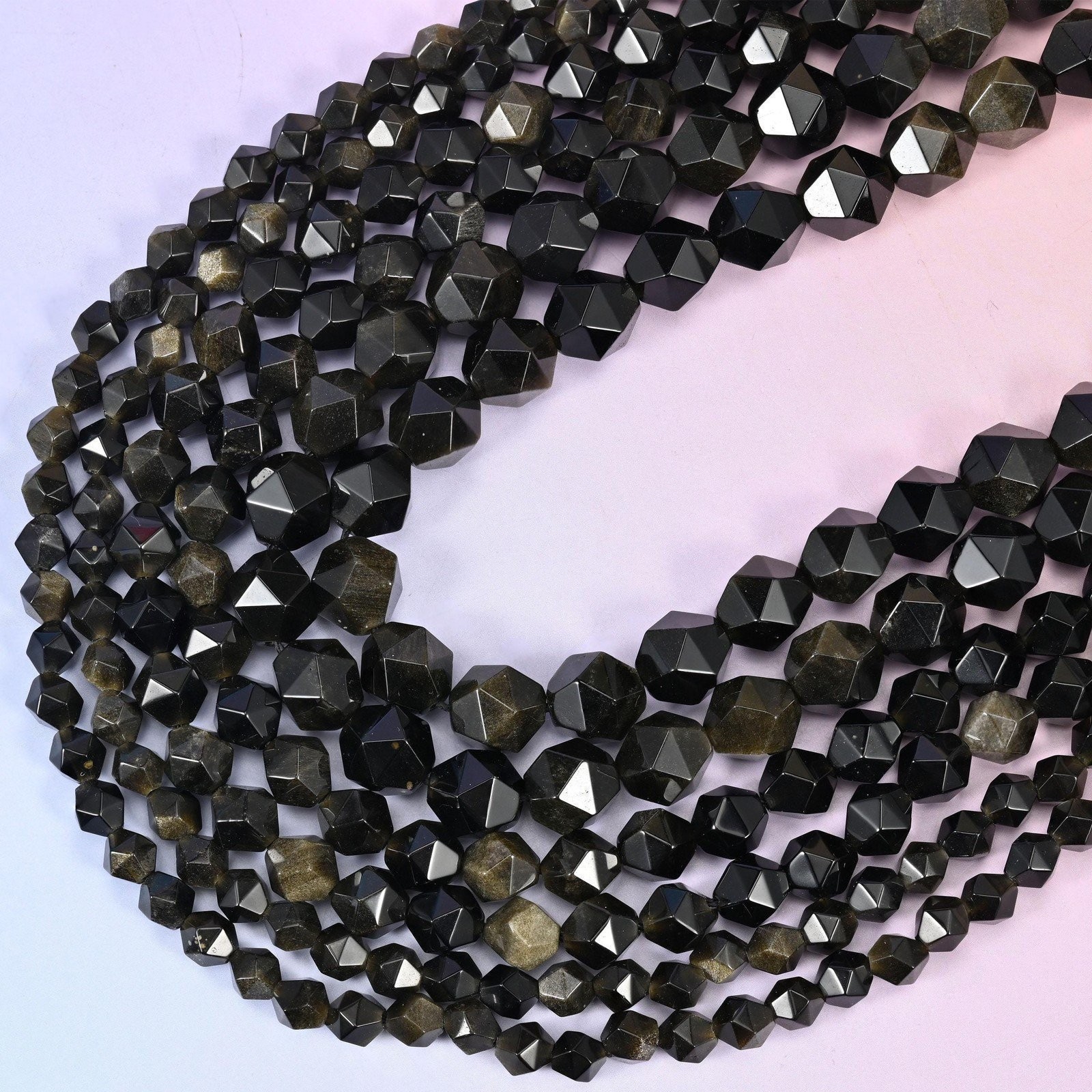 Gold Obsidian Beads: Faceted Diamond Star Cut, 6-10mm, 15.5 inch Strand