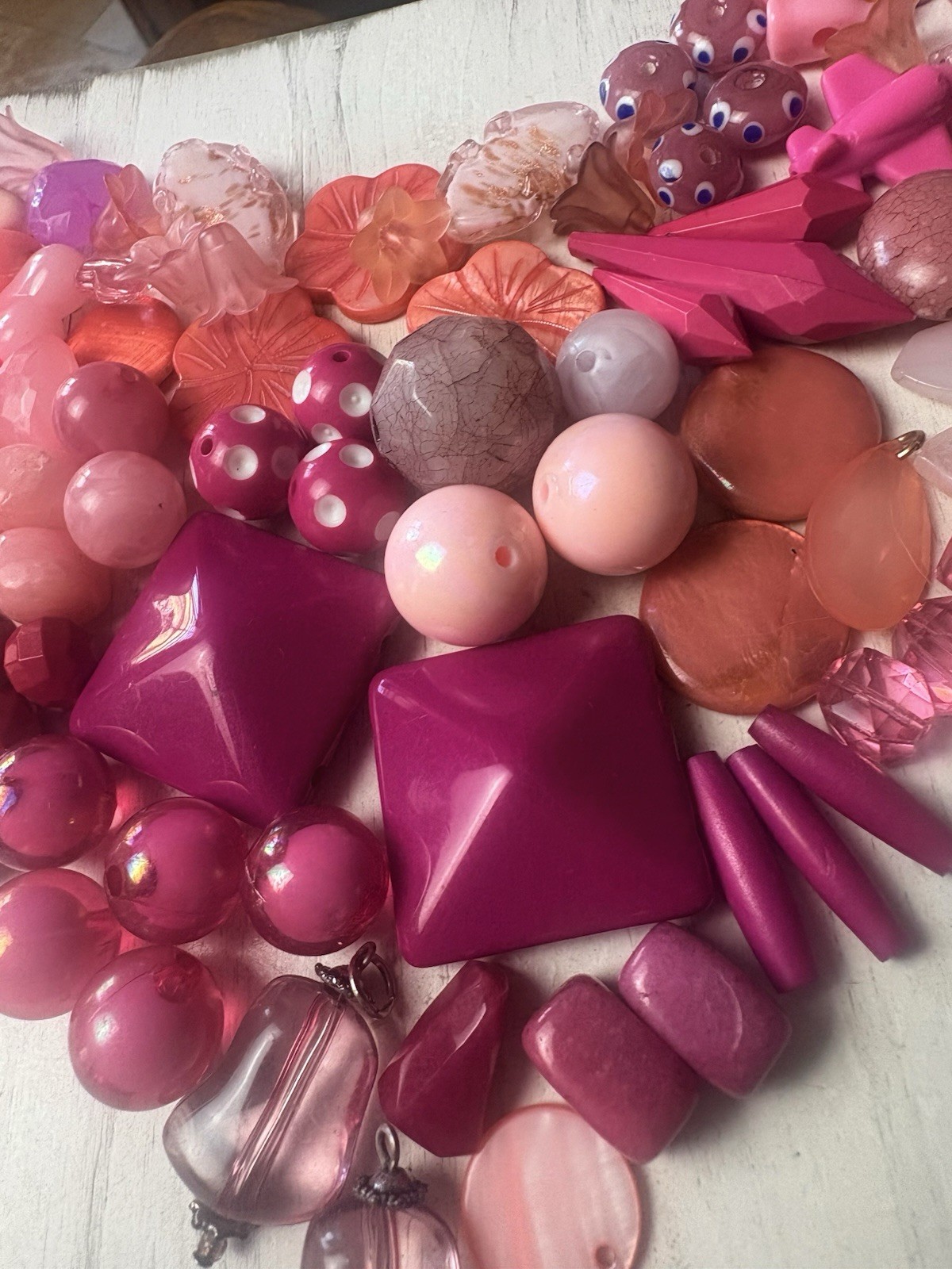 Glossy Frosted Glass Acrylic Beads Lot, Pink Purple, Heart Round Flower Loose