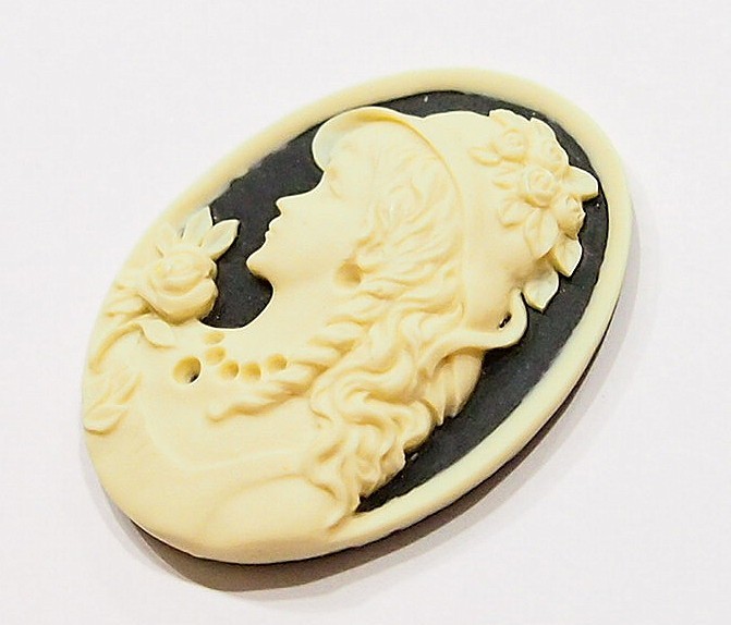 4 of 40x30mm Cream over Black Victorian Women Long Hair Hat Resin Cameo Cabochon