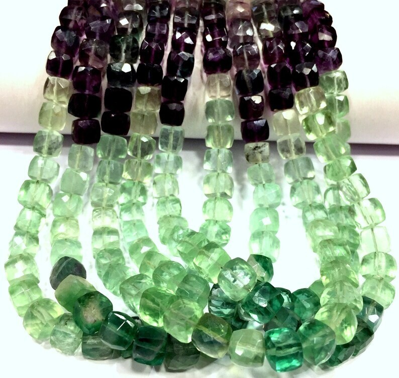 AAA QUALITY~Natural Rare Fluorite Faceted Cube Shape Beads Strand Gemstone Beads