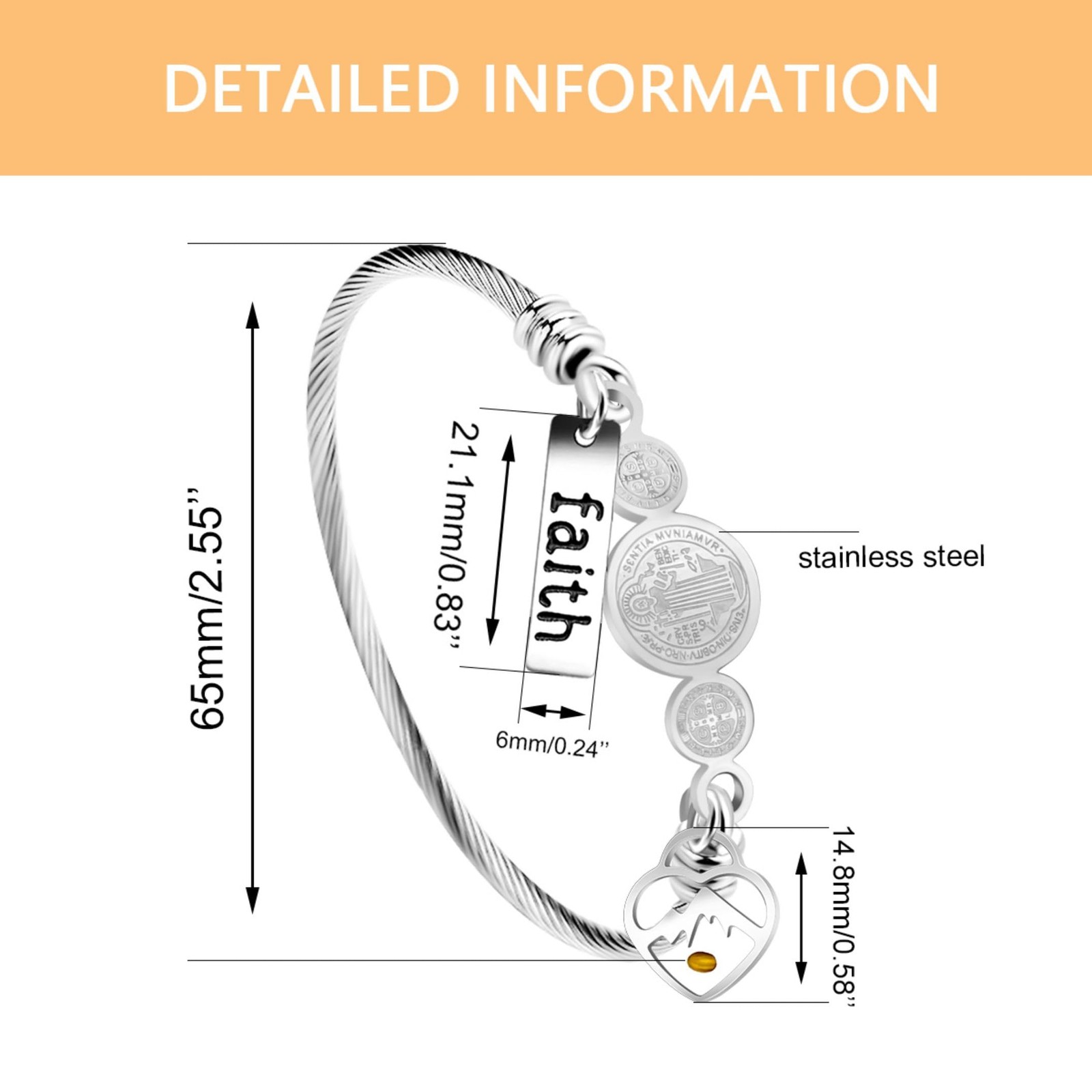 Platinum Plated Twisted Rope Saint Benedict Medal Bangle Bracelets for Wome – 01