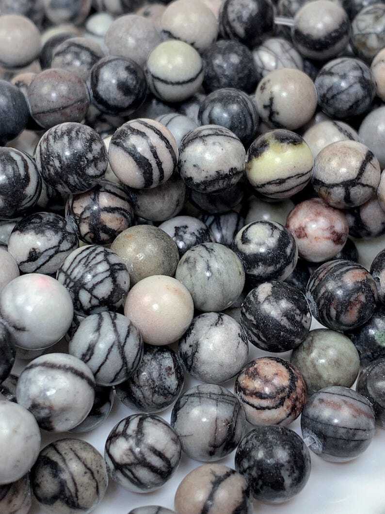 Natural Black Spider Web Stripes Jasper Smooth Round Beads 15.5″ Strand Gemstone
