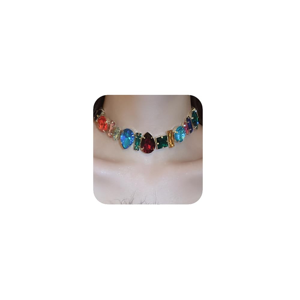 Boho Fashion Prom Shinny Colorful Rhinestones Chunky Choker Necklace Dainty Sexy