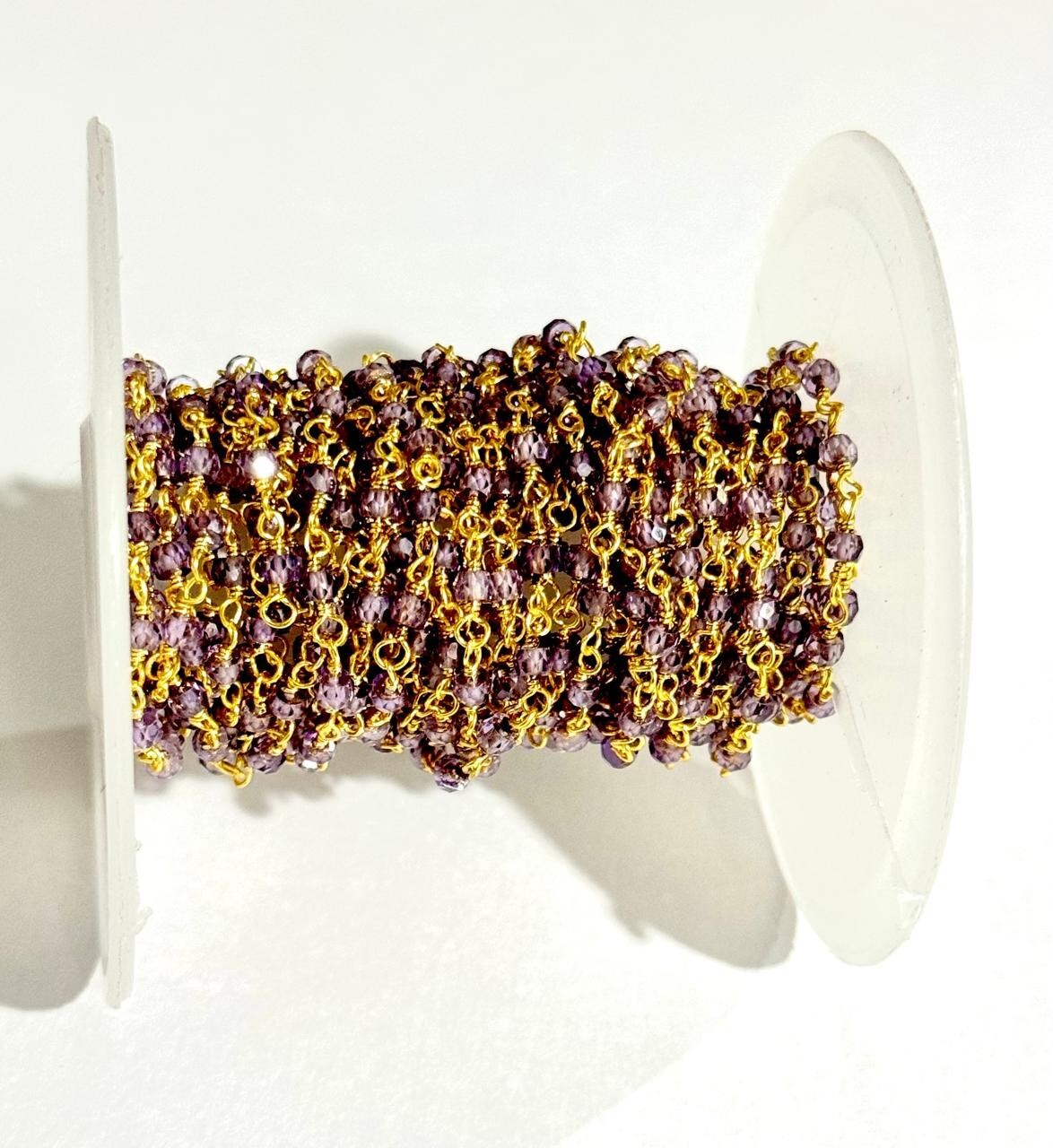 3mm Amethyst Zirconia beads bulk roll chain, gold plated jewelry making rosary