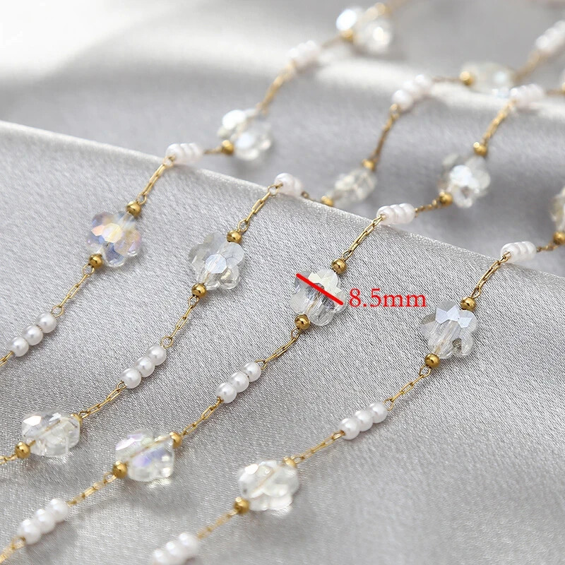 1meter Gold Plated Crystal Beads Stainless Steel Chains Charm Flower Chain