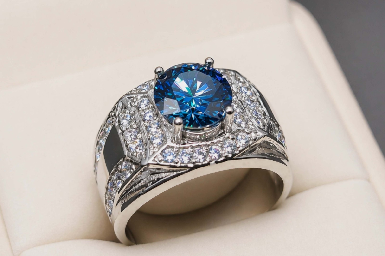 Blue Moissanite Diamond Sterling Silver 925 Handmade Women Elegant Channel Ring