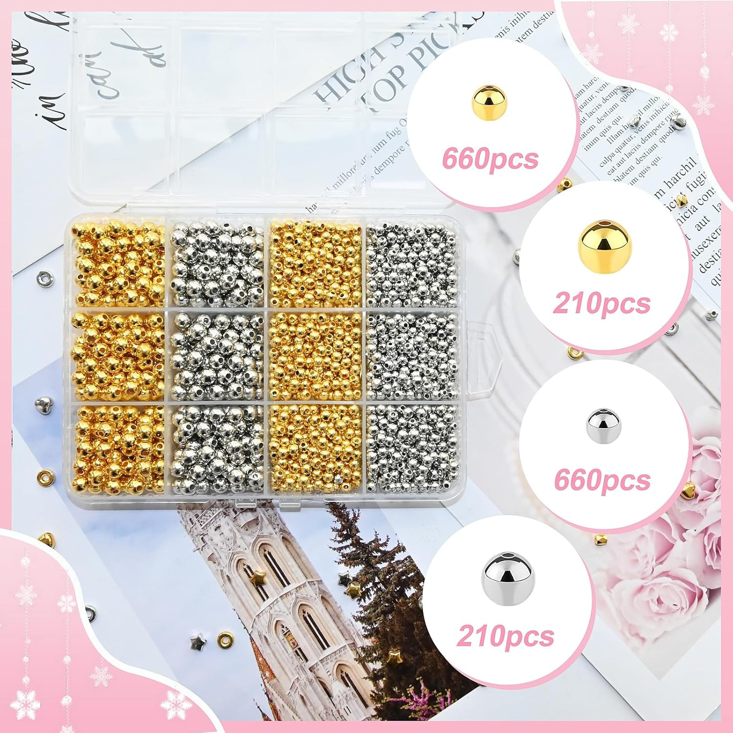 1740Pcs Spacer Beads 4Mm and 6Mm,Gold and Silver Assorted round Beads for Bracel