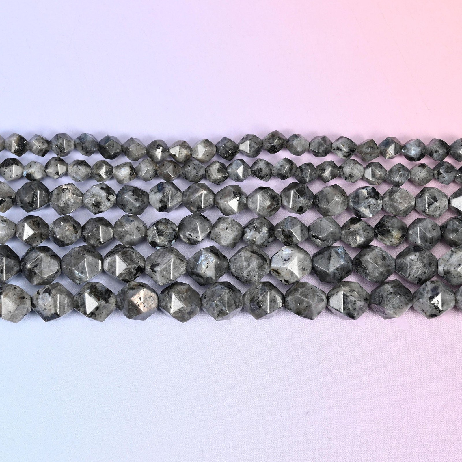 Black Labradorite Beads: Faceted Diamond Star Cut, 6-10mm, 15.5 inch Strand