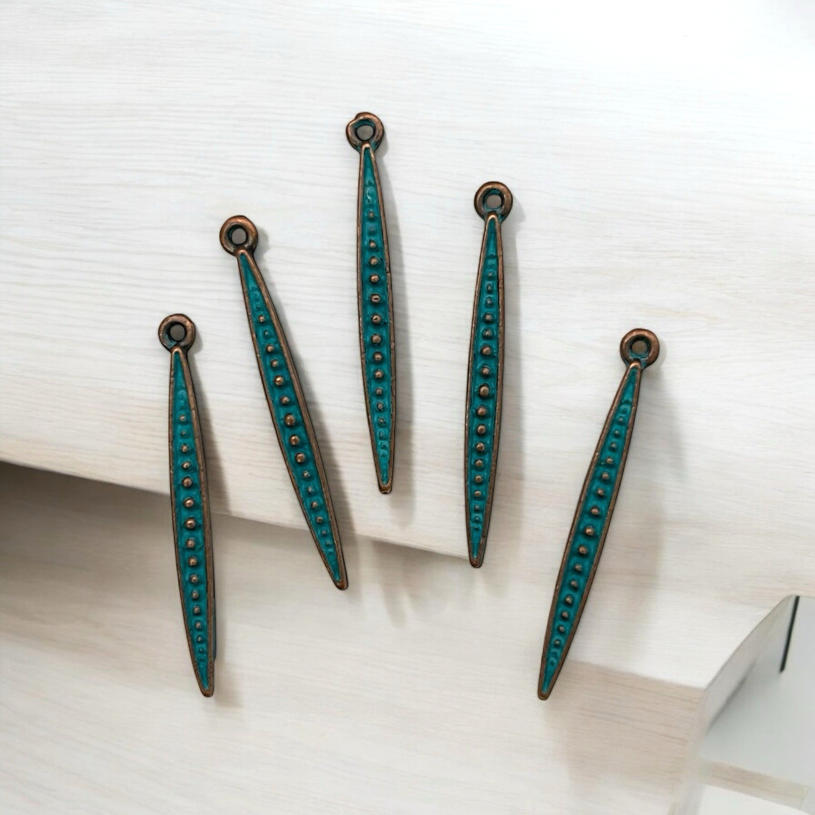 10 Copper Blue Patina Spear Drop Charms 34×3.5mm Marquise Bead Pendant Jewelry