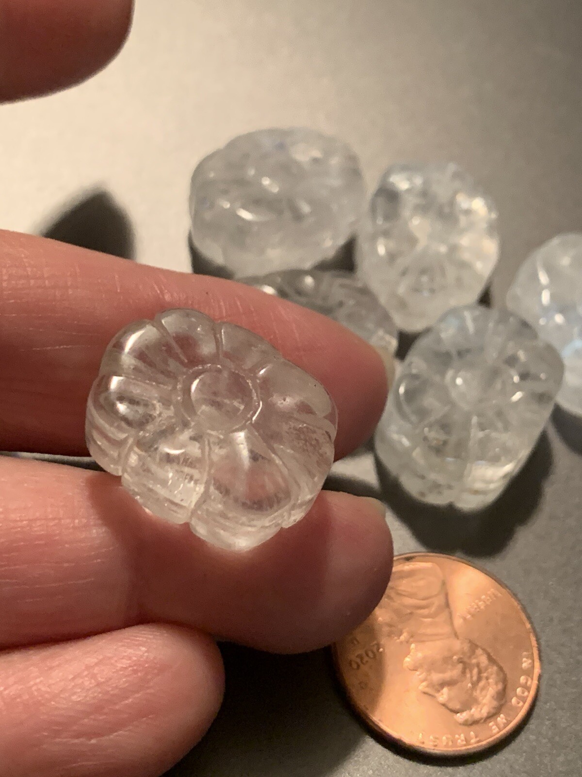Vintage Carved Chinese Bead Clear Quartz Crystal Flower Shape 20mm x 15mm x 8mm