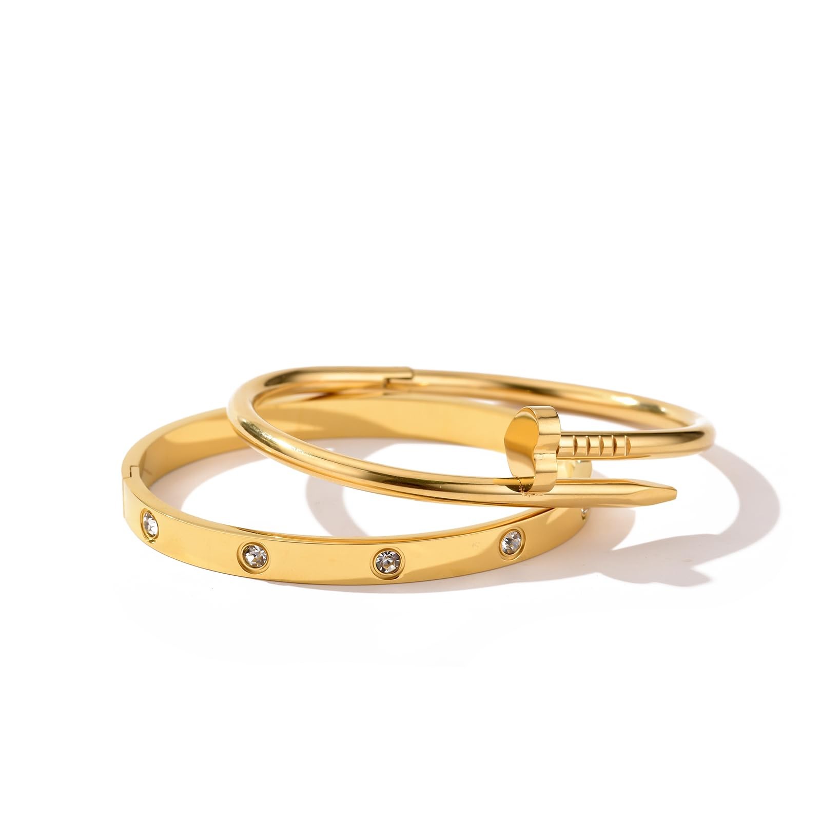 18K Gold Plated Love Nail Bangle Bracelet Set Stackable Dupes Stainless Steel Ba