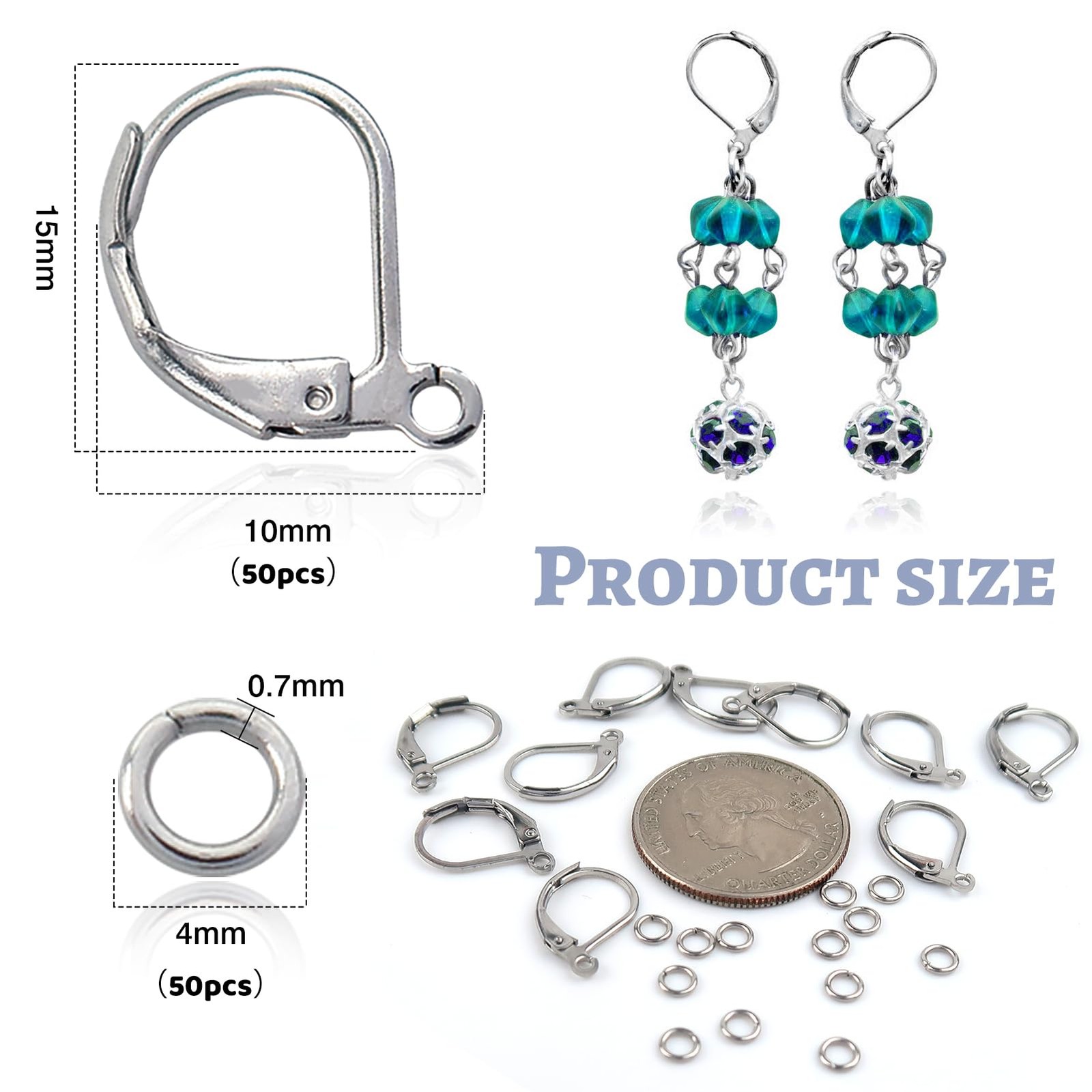 TOAOB 100pcs Stainless Steel Lever Back Earrings Hooks Kit Open Close Silver