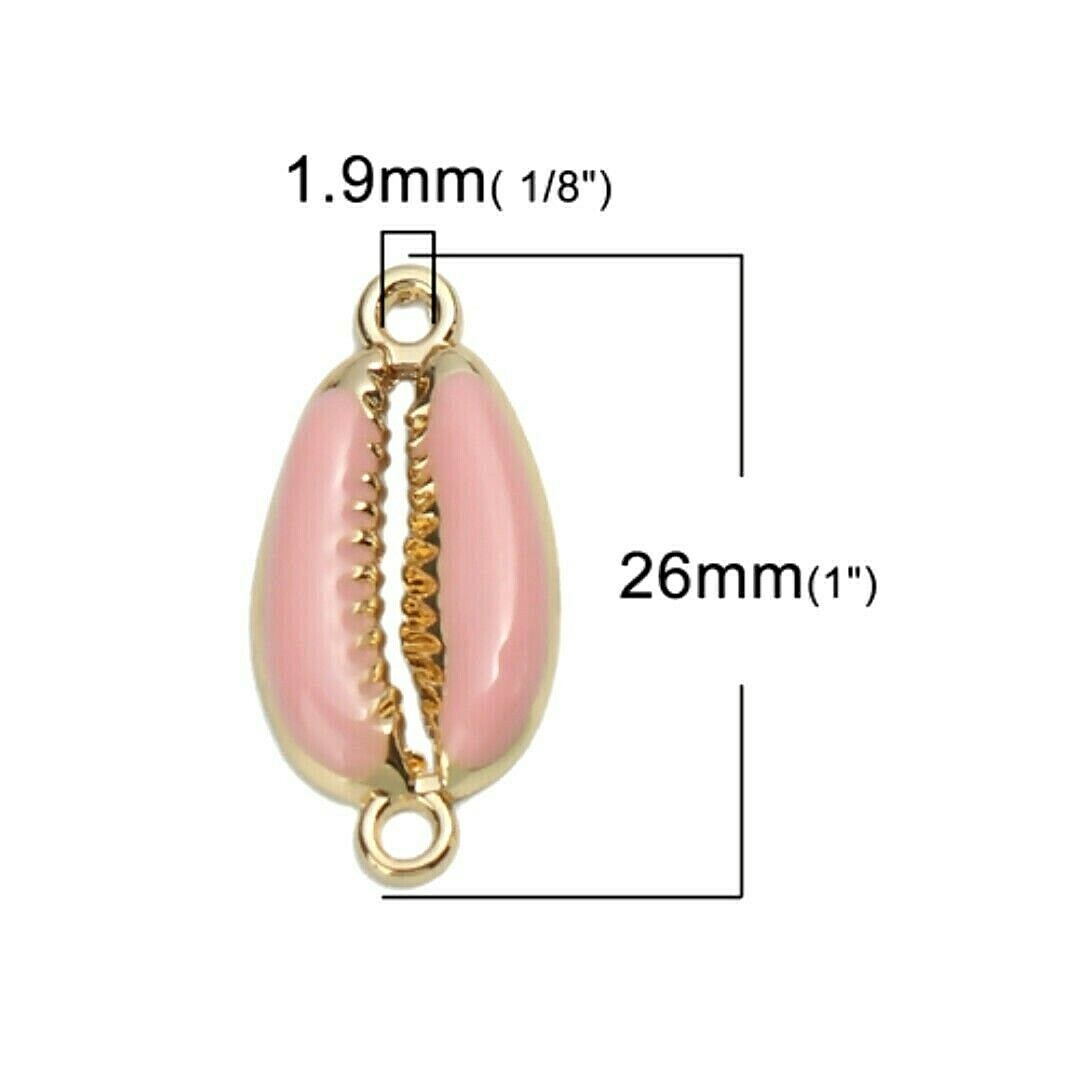 10 Gold Pink Enamel 26mm Cowrie Cowry Slice Shell Bead Drops Connectors Links